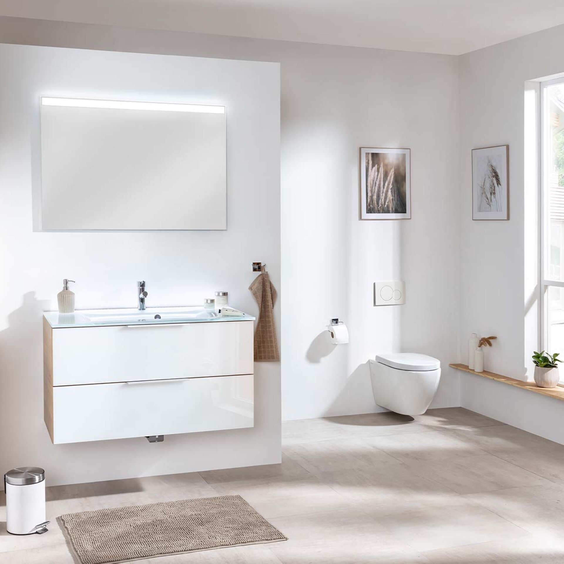 Fackelmann B. BRILLANT Badmöbel Set 3-teilig 100 cm, Weiß Glas/Braun hell, Glas Weiß + LED-Spiegel Fackelmann B. BRILLANT Badmöbel Set 3-teilig 100 cm, Weiß Glas/Braun hell, Glas Weiß + LED-Spiegel
