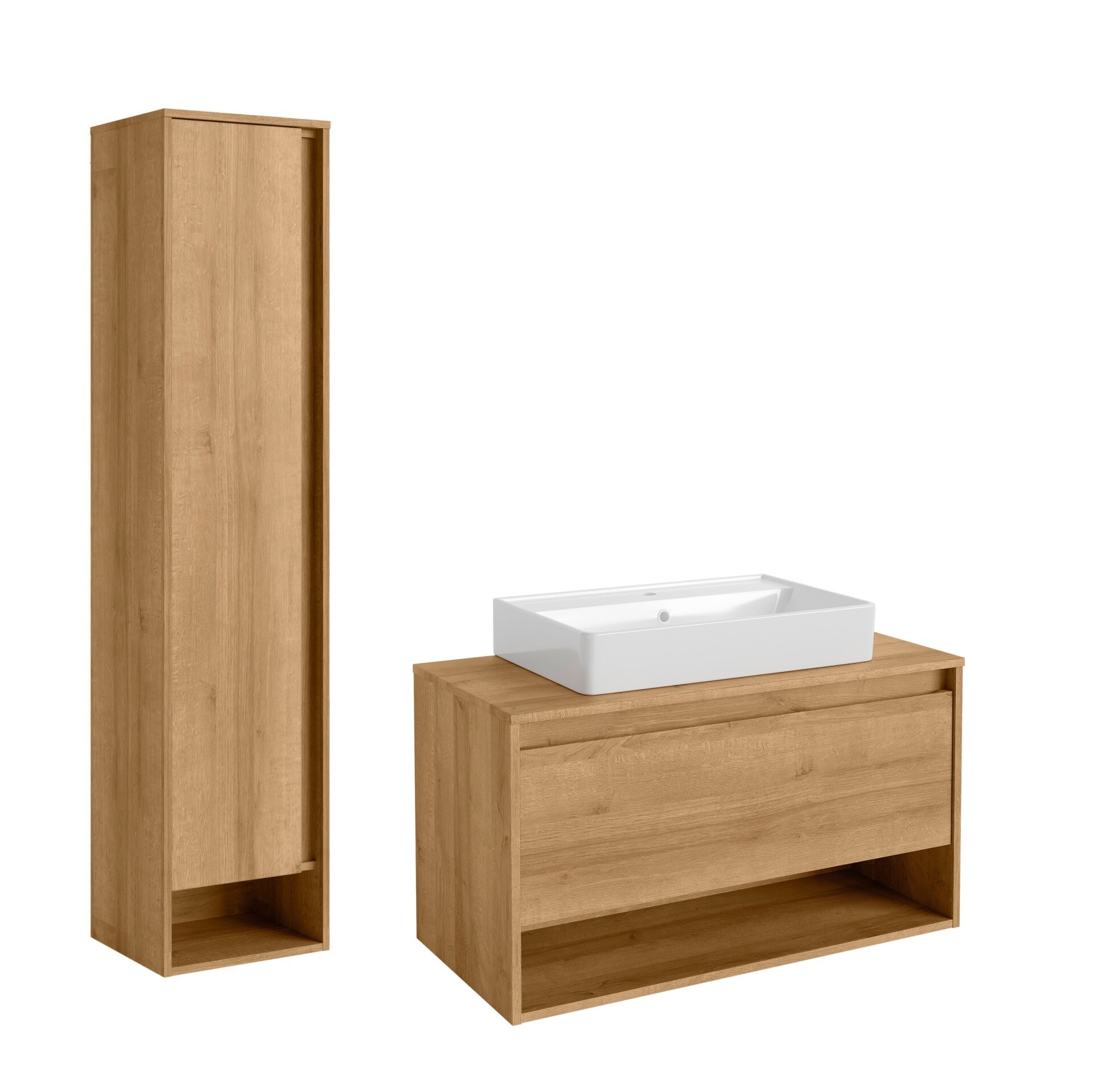 FACKELMANN NATURA Waschbecken mit Unterschrank 94 cm breit, Braun hell, Aufsatzwaschbecken Keramik Weiß + Hochschrank Türanschlag links