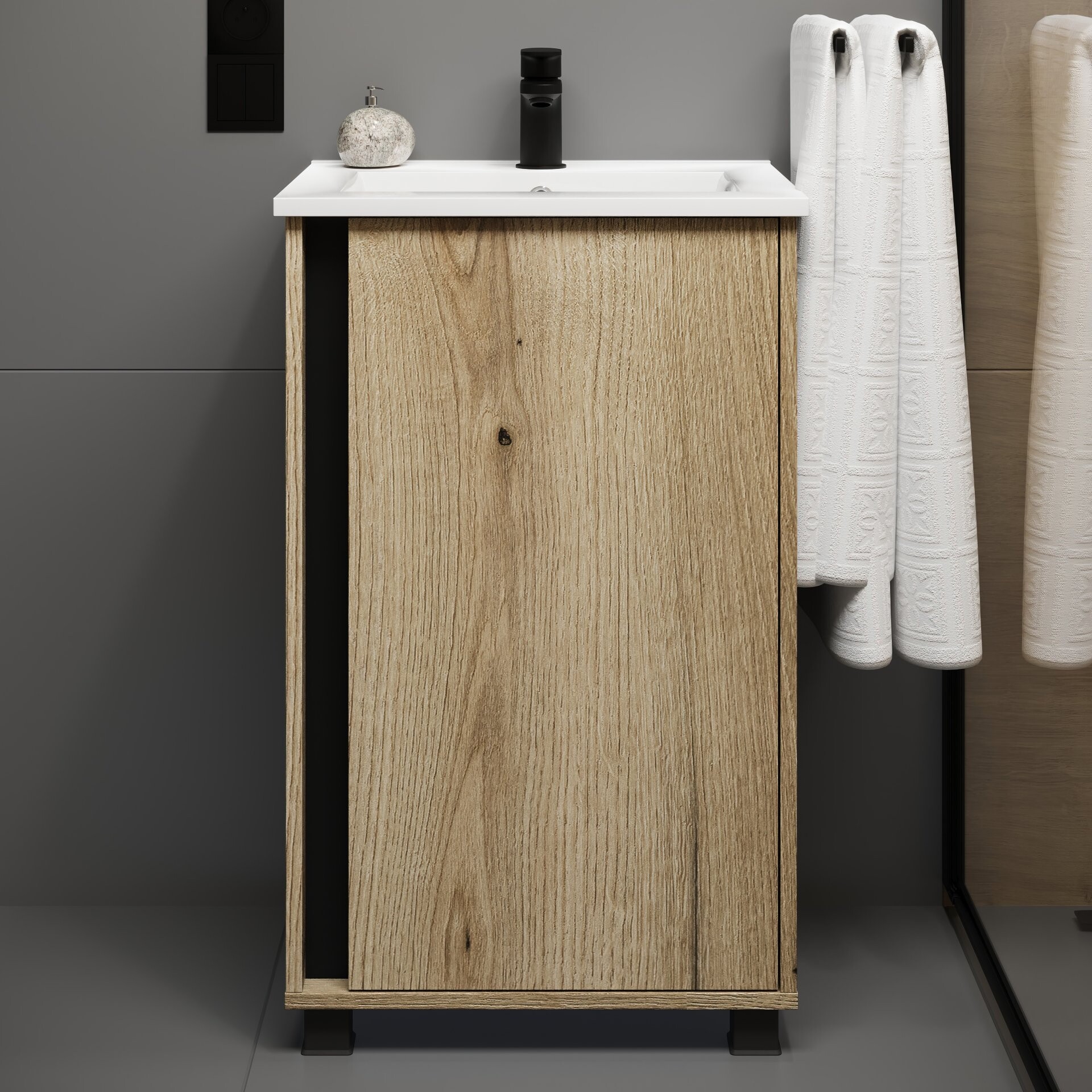 BADEDU LULE Waschbecken mit Unterschrank 51 cm breit, Braun, Waschbecken Keramik Weiß, mit Füßen