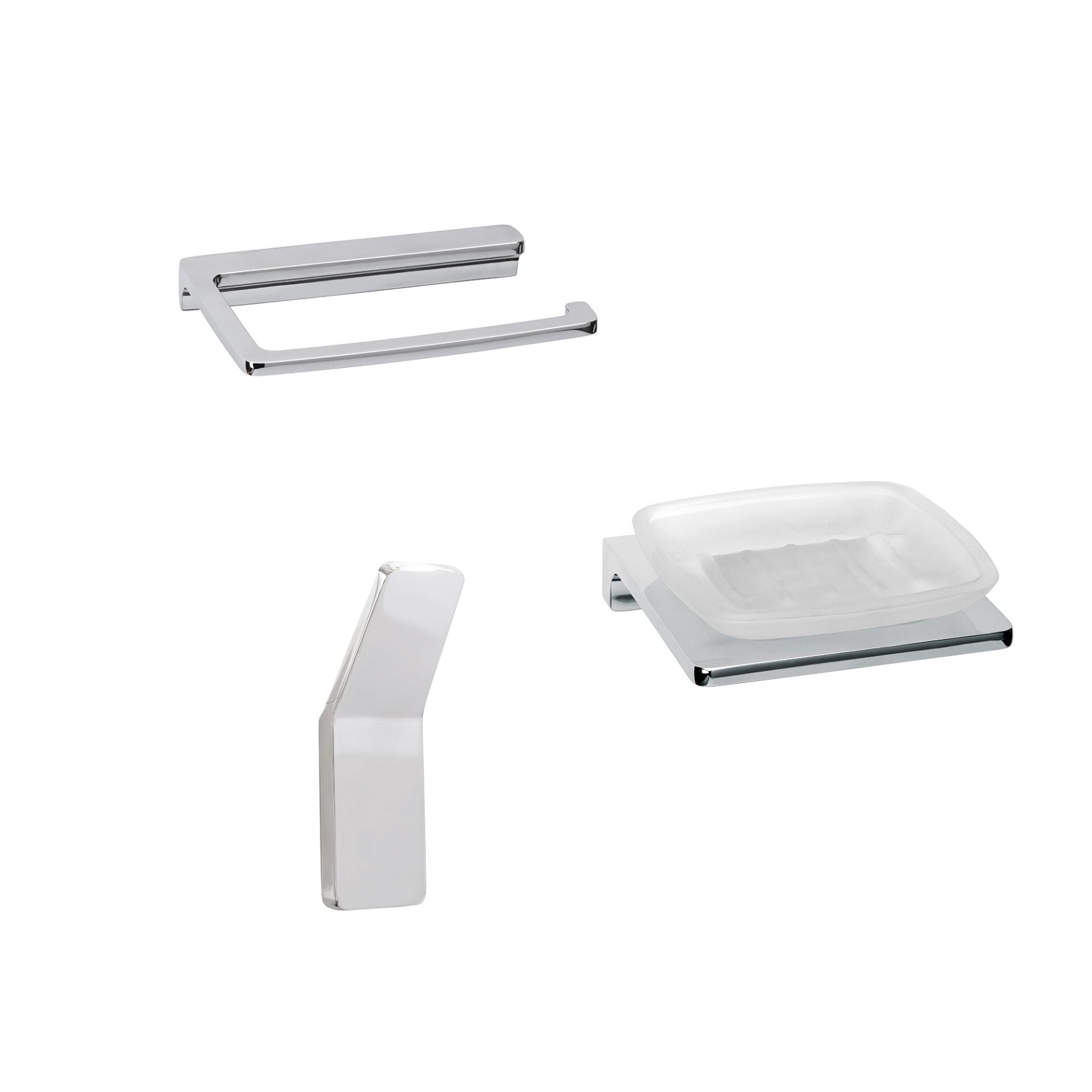 BADEDU SIRIUS Accessoire Set 3-teilig, Chrom, Handtuchhaken, Toilettenpapierhalter, Ablageschale