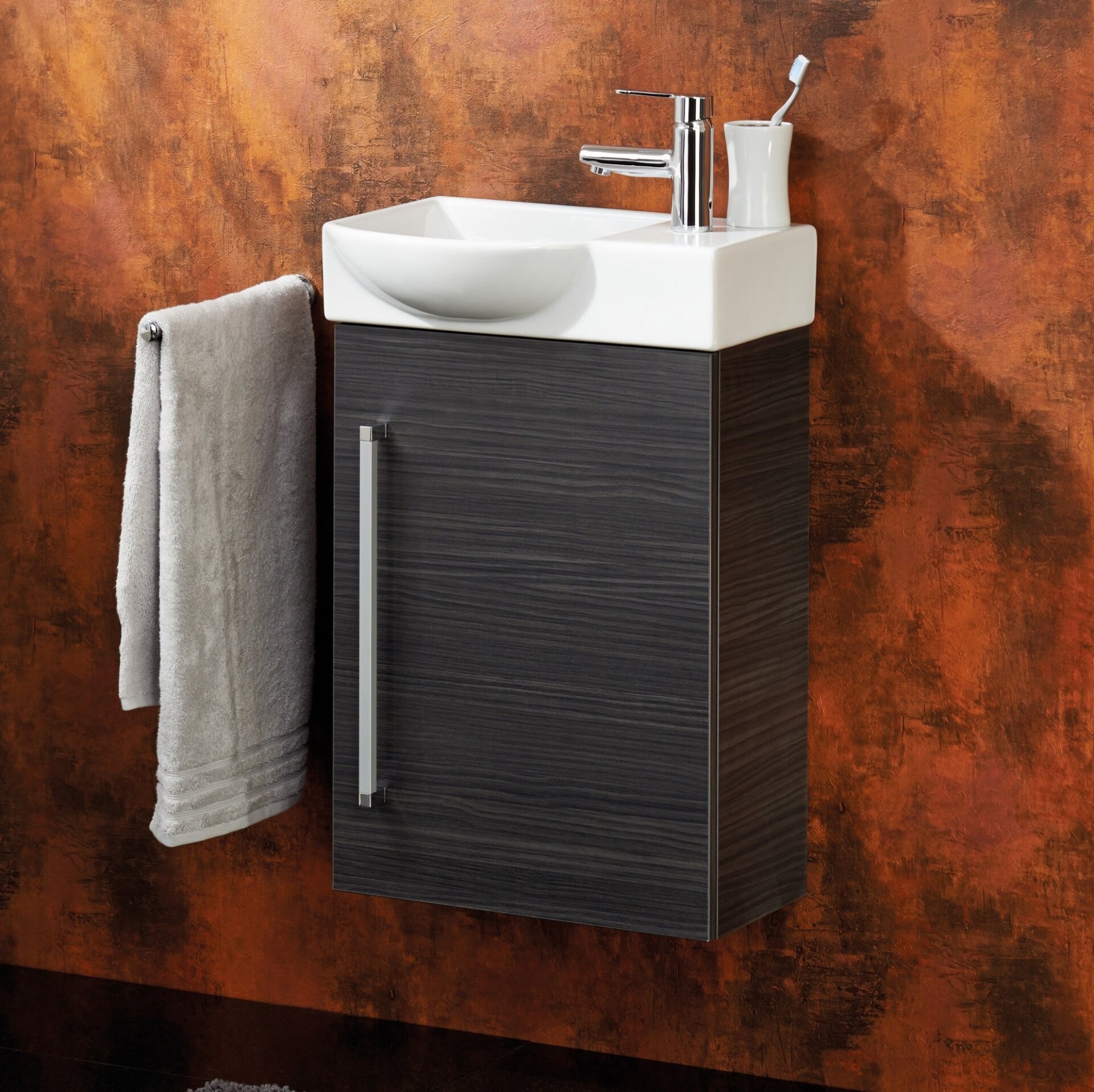 LANZET K3 Waschbeckenunterschrank Gäste WC 44 cm breit, Anthrazit Holzoptik, Türanschlag rechts