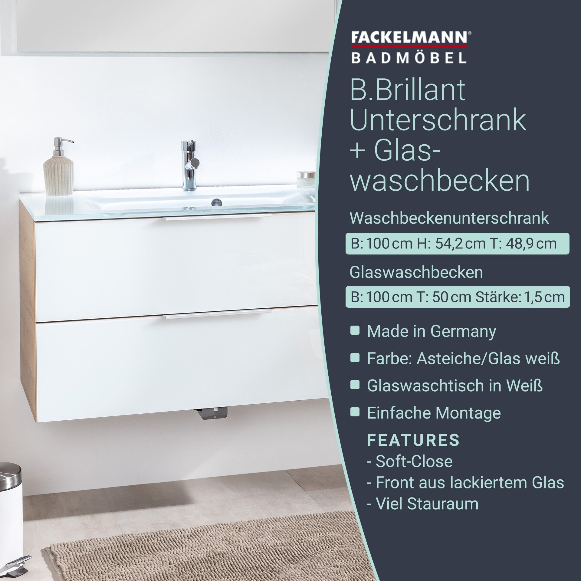 Fackelmann B.BRILLANT Badmöbel Set 2-teilig, 100 cm breit, Weiß Glas/Braun hell, Glas Weiß