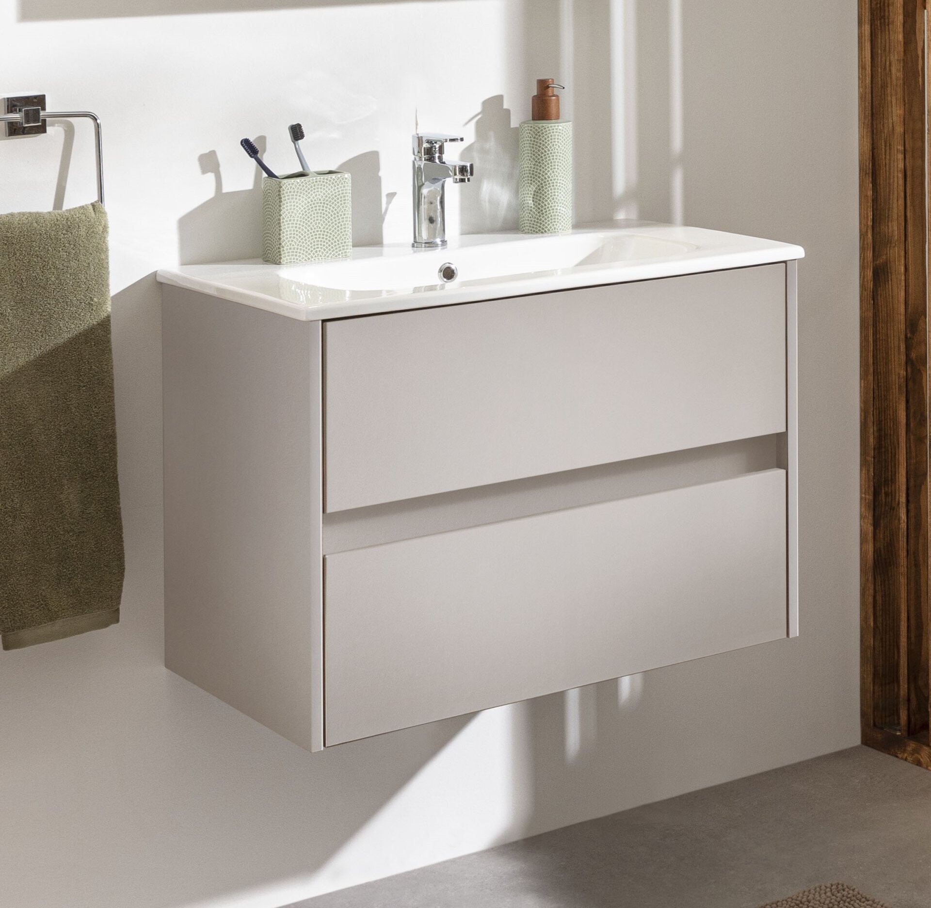 FACKELMANN COMPACT LINE Waschbecken mit Unterschrank 71 cm breit, Grau, Waschbecken Keramik Weiß, 2 Schubladen