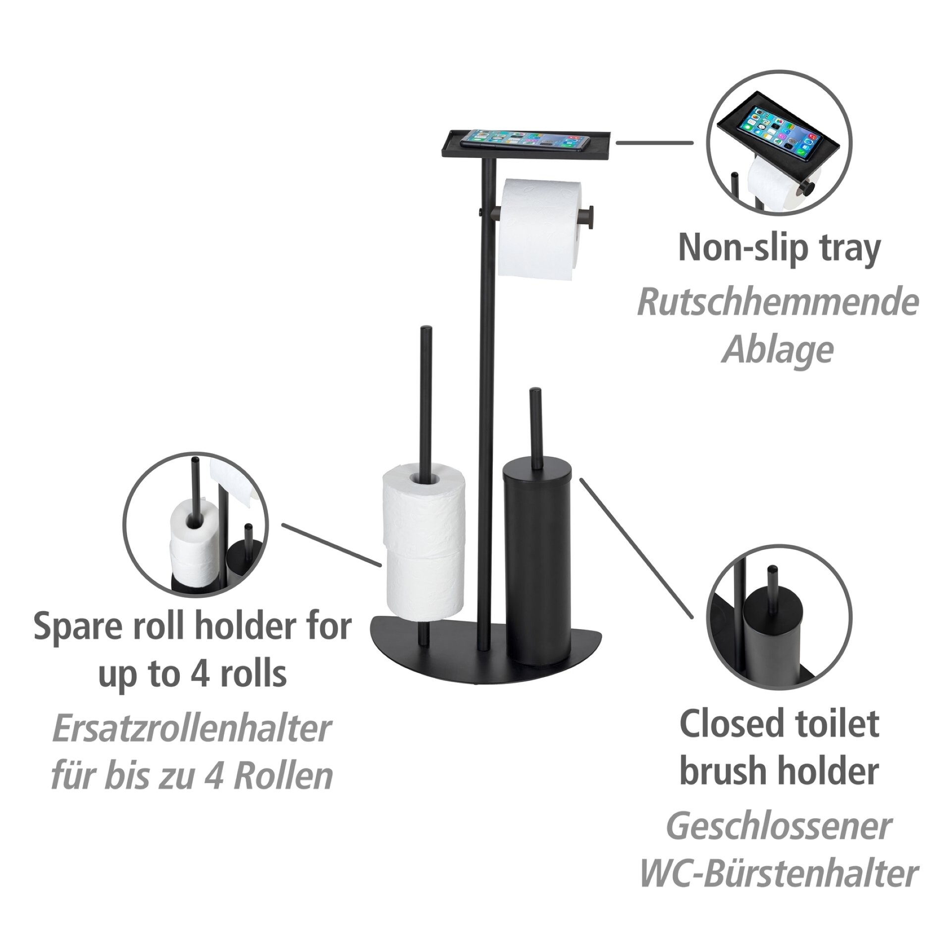 WENKO COSENZA NEO WC-Garnitur, Schwarz, mit Toilettenpapierhalter, Bevorrater und Ablage, stehend