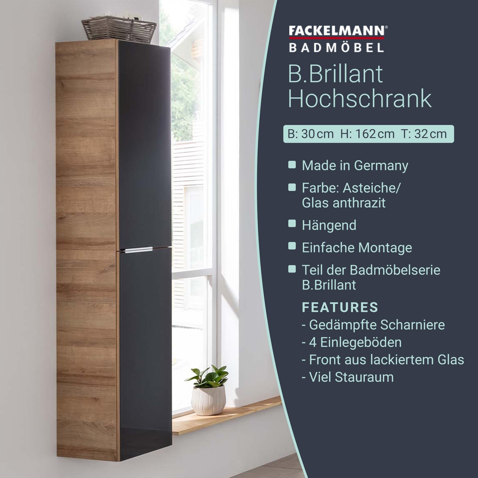 Fackelmann B.BRILLANT Hochschrank, 30 cm breit, Anthrazit Glas/Braun hell