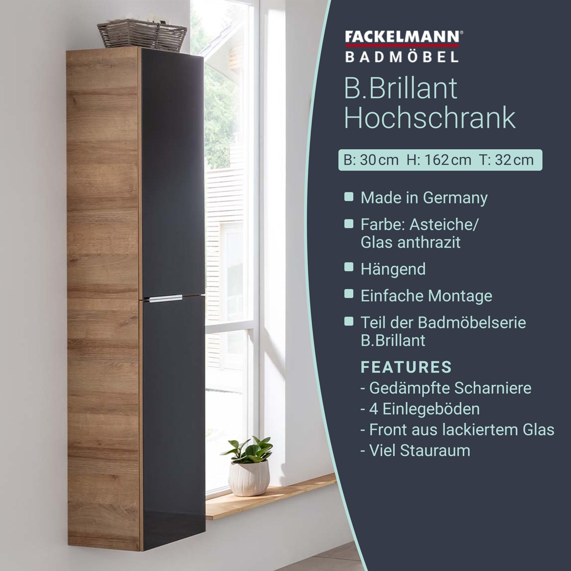 Fackelmann B.BRILLANT Hochschrank, 30 cm breit, Anthrazit Glas/Braun hell Fackelmann B.BRILLANT Hochschrank, 30 cm breit, Anthrazit Glas/Braun hell