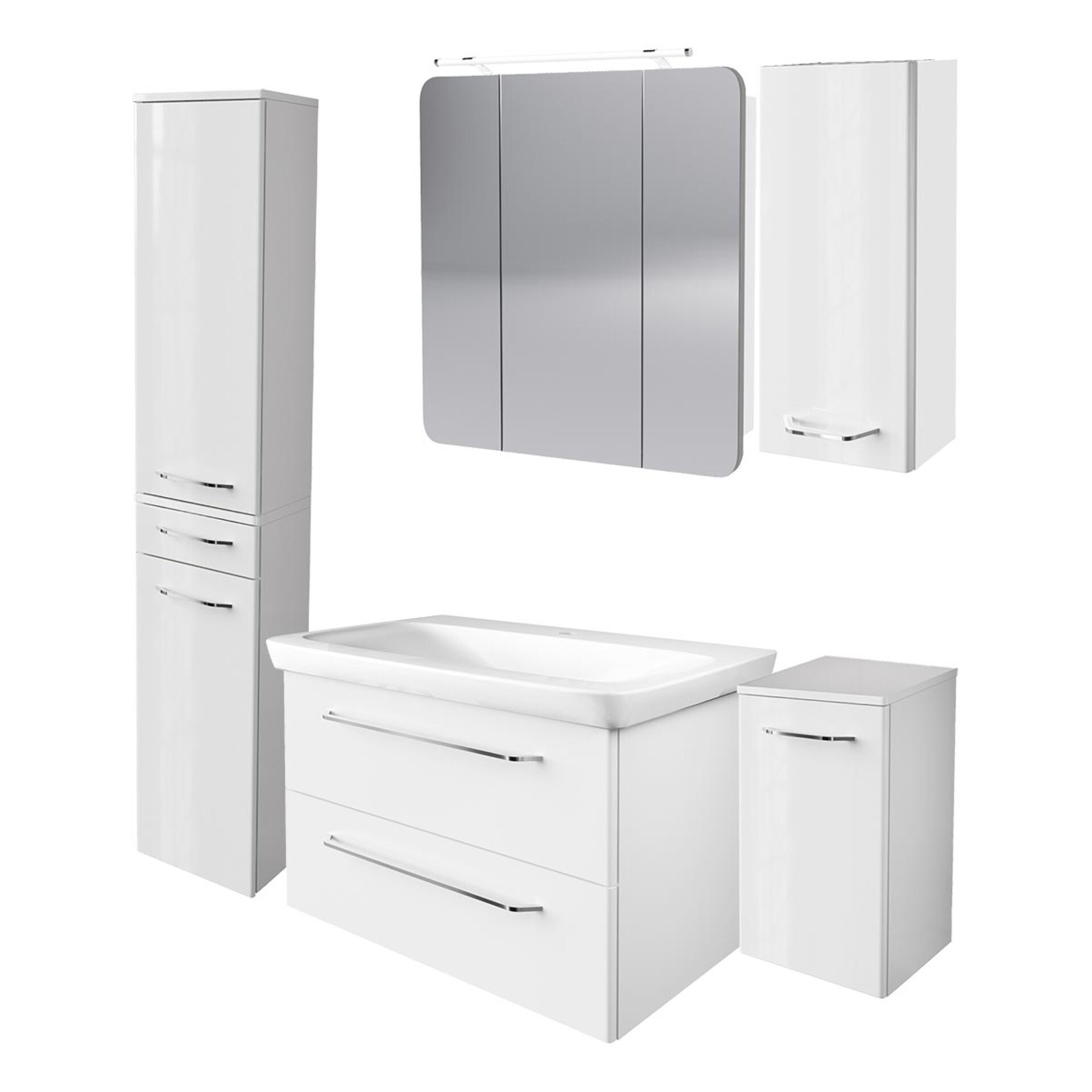 FACKELMANN MILANO Badmöbel Set 6-teilig, 88 cm breit, Weiß, Waschbecken Keramik, Spiegelschrank + 3 Badschränke FACKELMANN MILANO Badmöbel Set 6-teilig, 88 cm breit, Weiß, Waschbecken Keramik, Spiegelschrank + 3 Badschränke