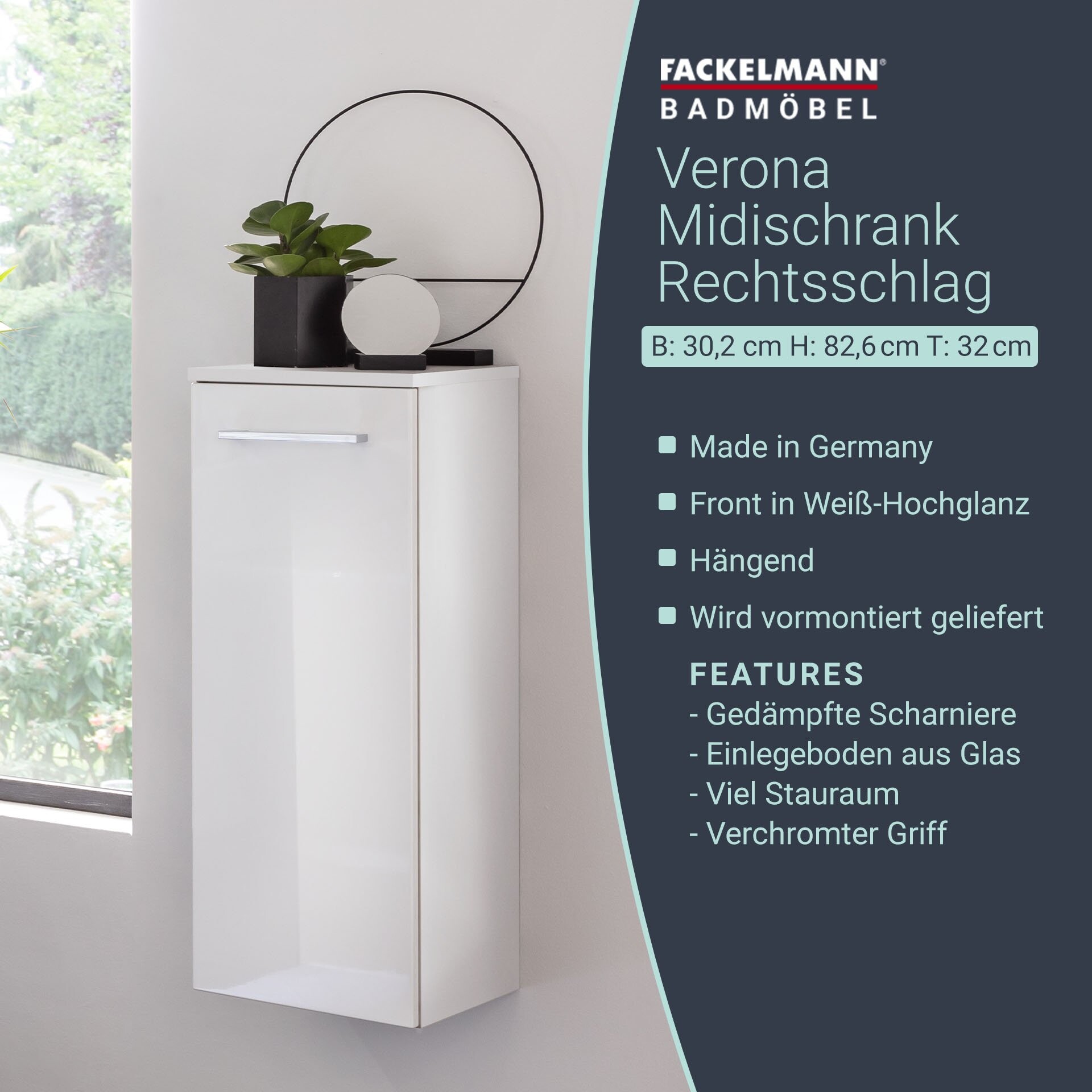 Fackelmann VERONA Midischrank 30 cm, rechts, Weiß Hochglanz