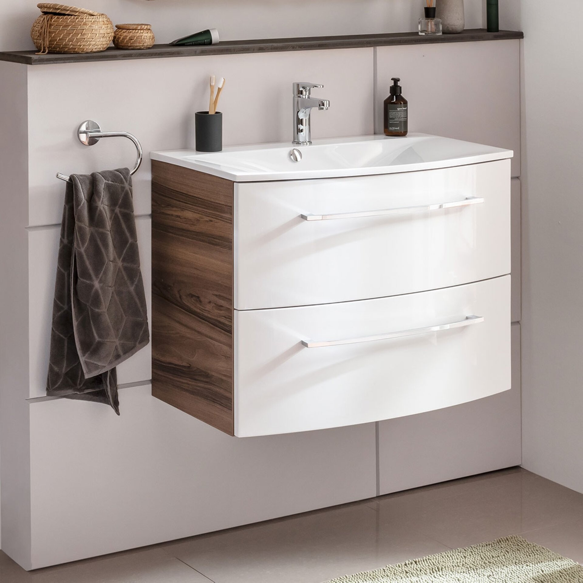 Fackelmann VERONA Badmöbel Set 2-teilig 80 cm breit, Braun Dunkel/Weiß Hochglanz, Gussmarmor Fackelmann VERONA Badmöbel Set 2-teilig 80 cm breit, Braun Dunkel/Weiß Hochglanz, Gussmarmor