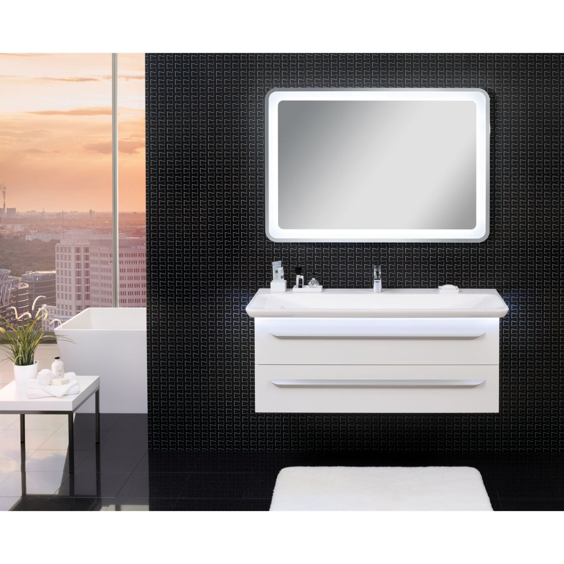 Lanzet M9 Badmöbel Set 4-teilig, 130 cm breit, Weiß, Waschtischbeleuchtung + LED Spiegelelement Lanzet M9 Badmöbel Set 4-teilig, 130 cm breit, Weiß, Waschtischbeleuchtung + LED Spiegelelement