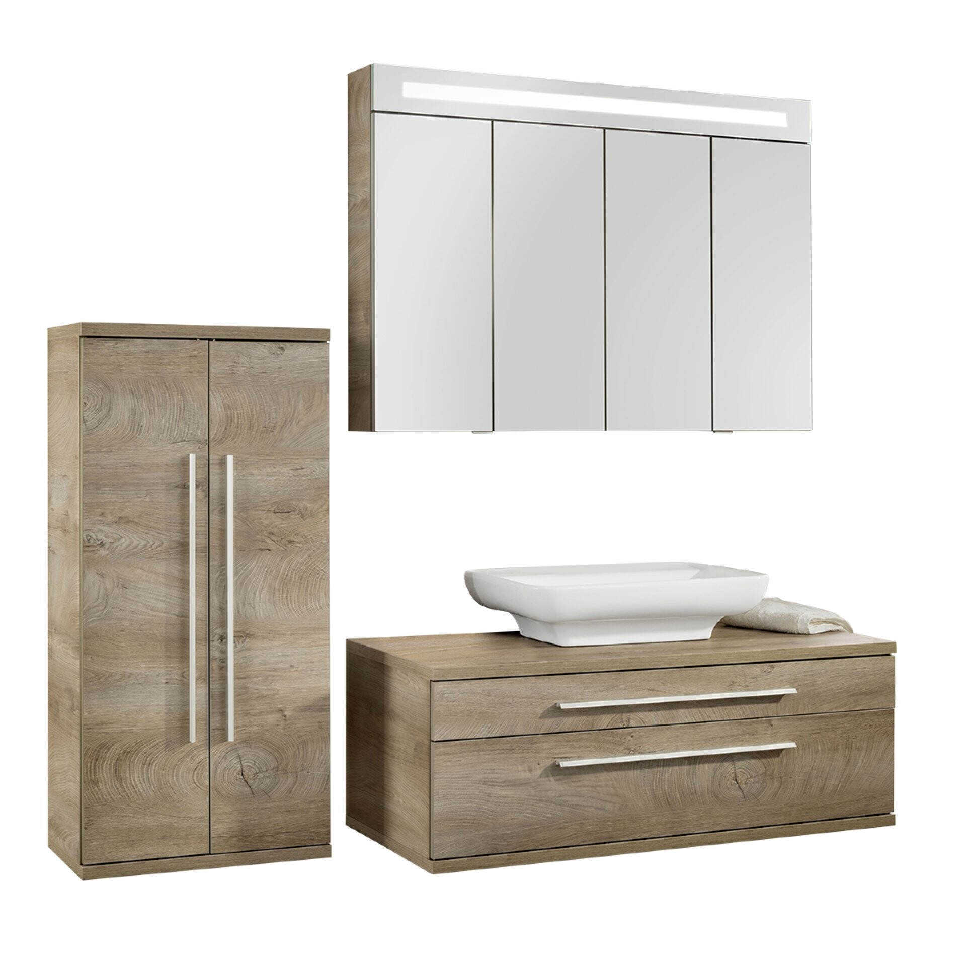 Fackelmann STANFORD Badmöbel Set 4-teilig, 110 cm breit, Braun, Aufsatzbecken+Spiegelschrank+Midischrank Fackelmann STANFORD Badmöbel Set 4-teilig, 110 cm breit, Braun, Aufsatzbecken+Spiegelschrank+Midischrank
