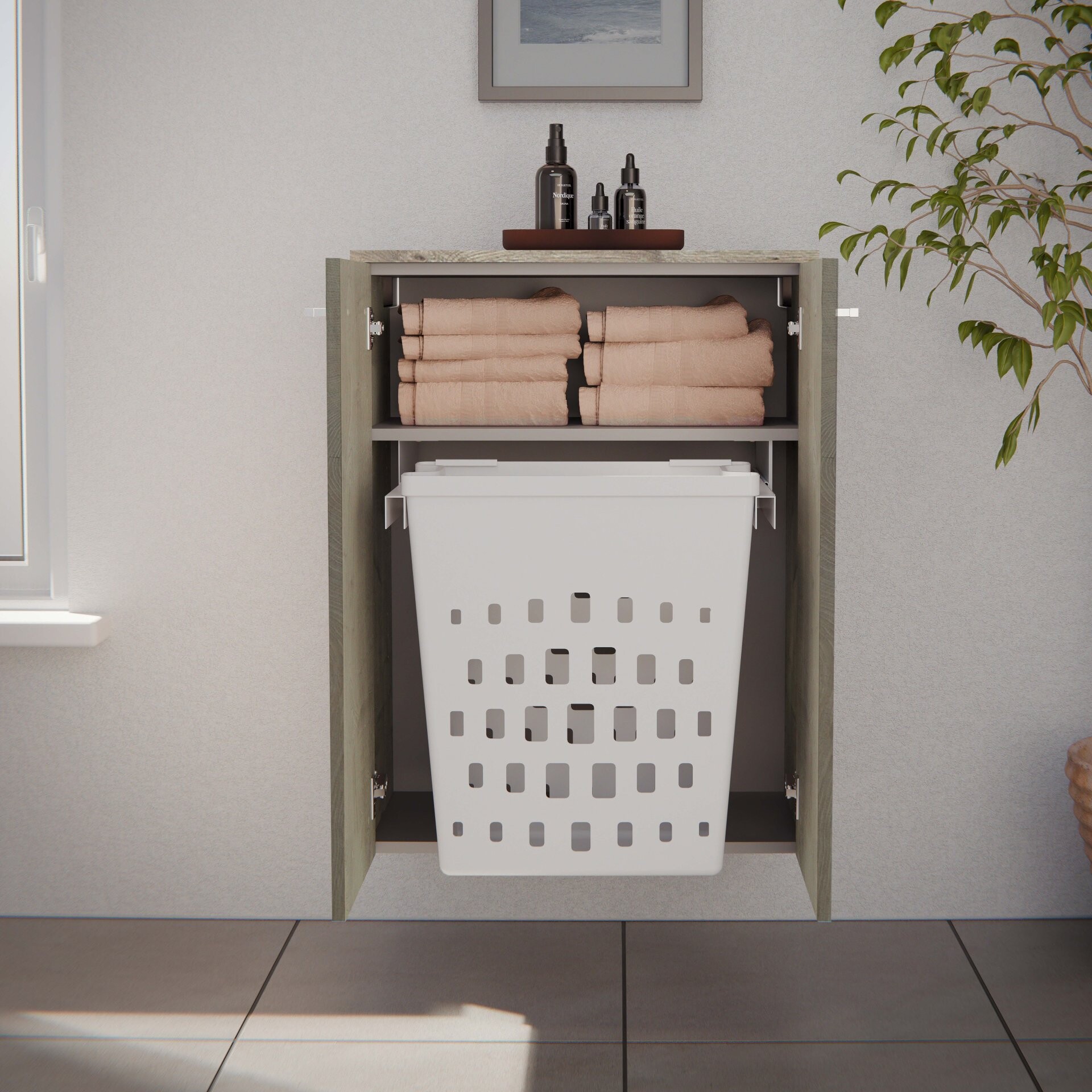 FACKELMANN B.STYLE Doppel Midischrank 60 cm, Braun mit Wäschekorb