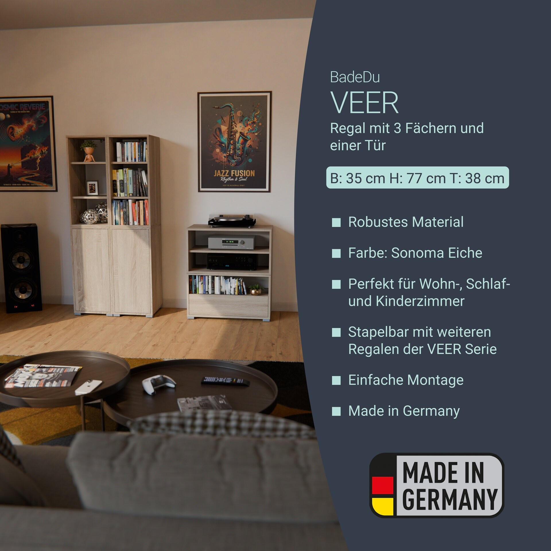 BADEDU VEER Regal 35 cm breit, Braun, 3 Fächer mit Tür