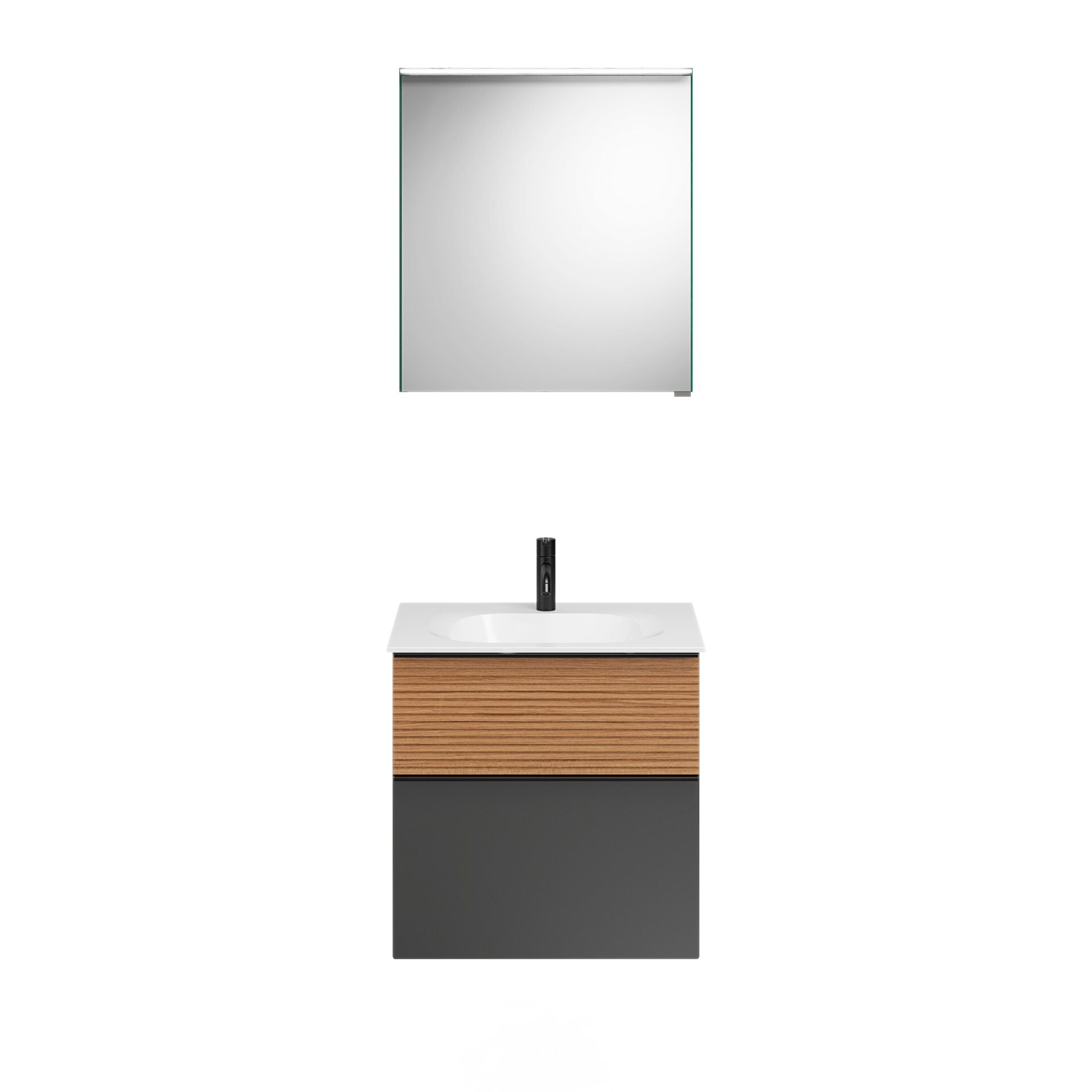 Burgbad FIUMO Waschtisch Set mit Spiegelschrank 62 cm breit, Braun/Anthrazit, Waschbecken Gussmarmor Weiß, Anschlag links Burgbad FIUMO Waschtisch Set mit Spiegelschrank 62 cm breit, Braun/Anthrazit, Waschbecken Gussmarmor Weiß, Anschlag links