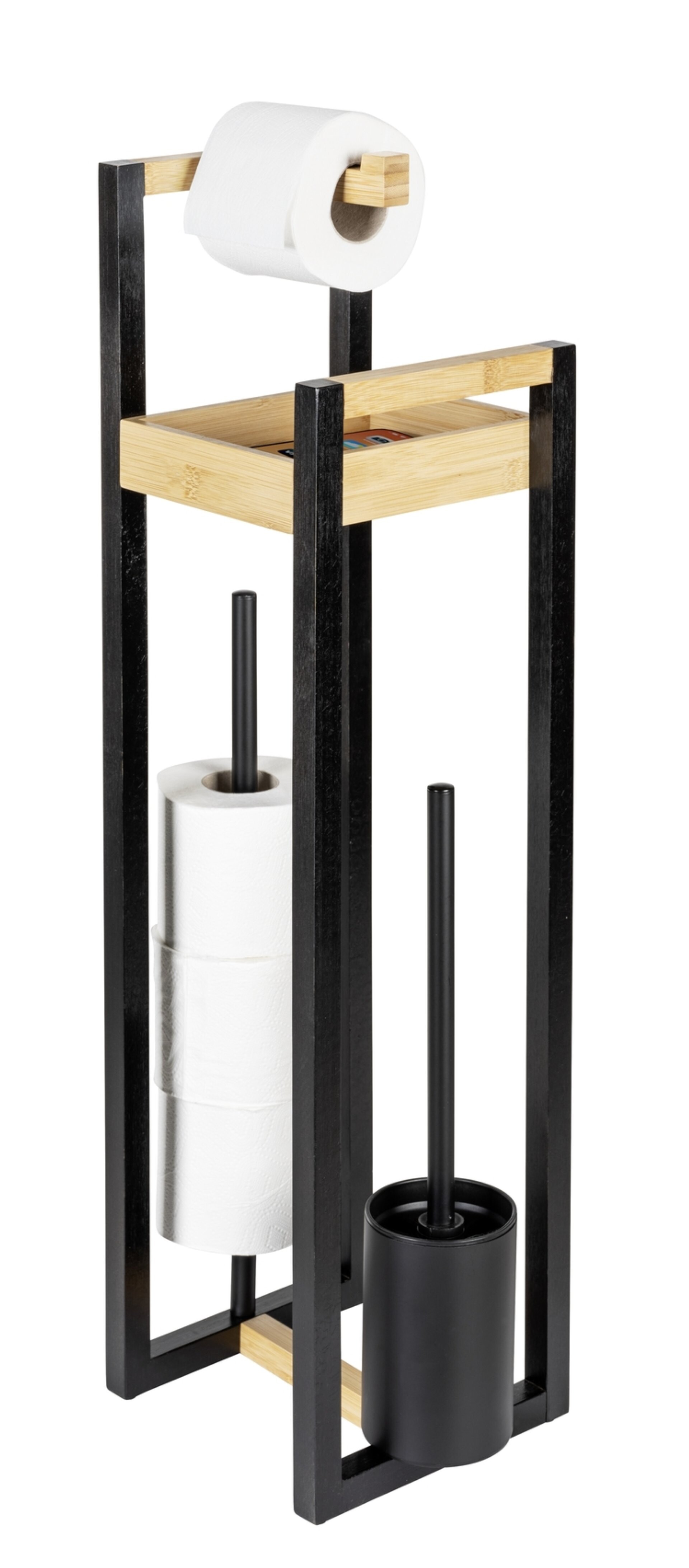 WENKO BRAIDI WC-Garnitur, Schwarz/Braun, Bambus, mit Toilettenpapierhalter und Ablage, stehend