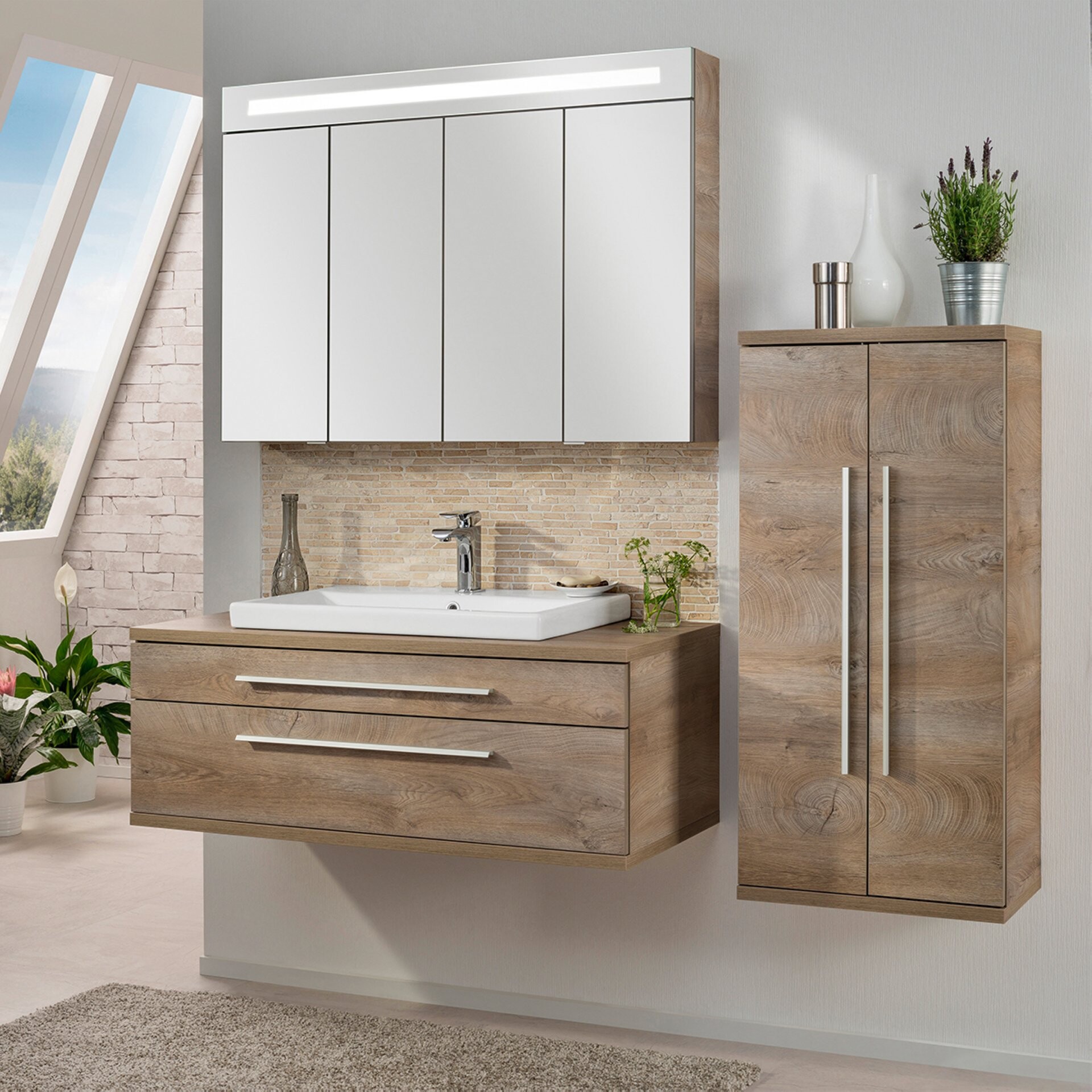 Fackelmann STANFORD Badmöbel Set 4-teilig, 110 cm breit, Braun, Keramik+Spiegelschrank+Midischrank Fackelmann STANFORD Badmöbel Set 4-teilig, 110 cm breit, Braun, Keramik+Spiegelschrank+Midischrank