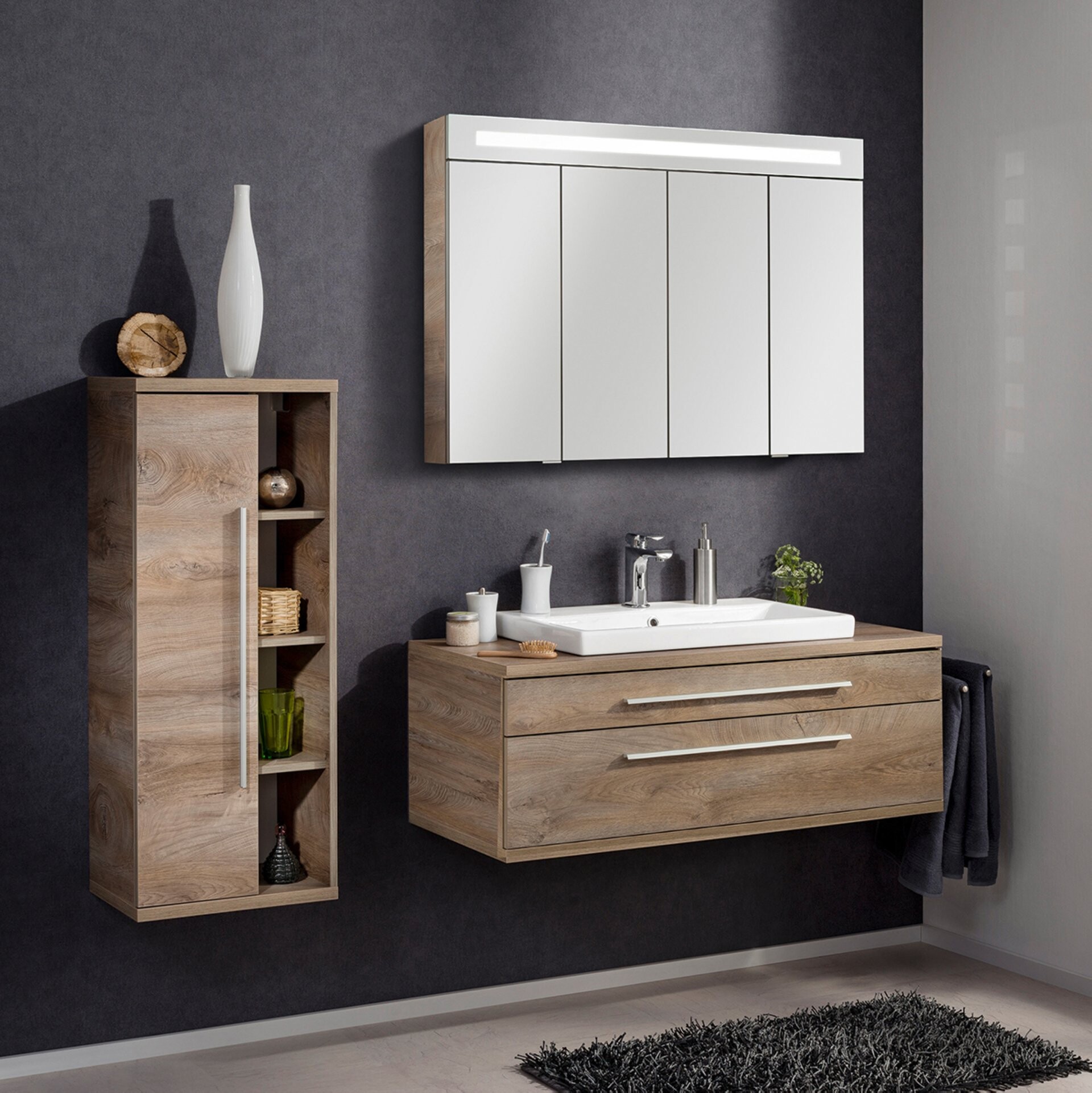 Fackelmann STANFORD Badmöbel Set 4-teilig, 110 cm breit, Braun, Keramik+Spiegelschrank+Midischrank l. Fackelmann STANFORD Badmöbel Set 4-teilig, 110 cm breit, Braun, Keramik+Spiegelschrank+Midischrank l.