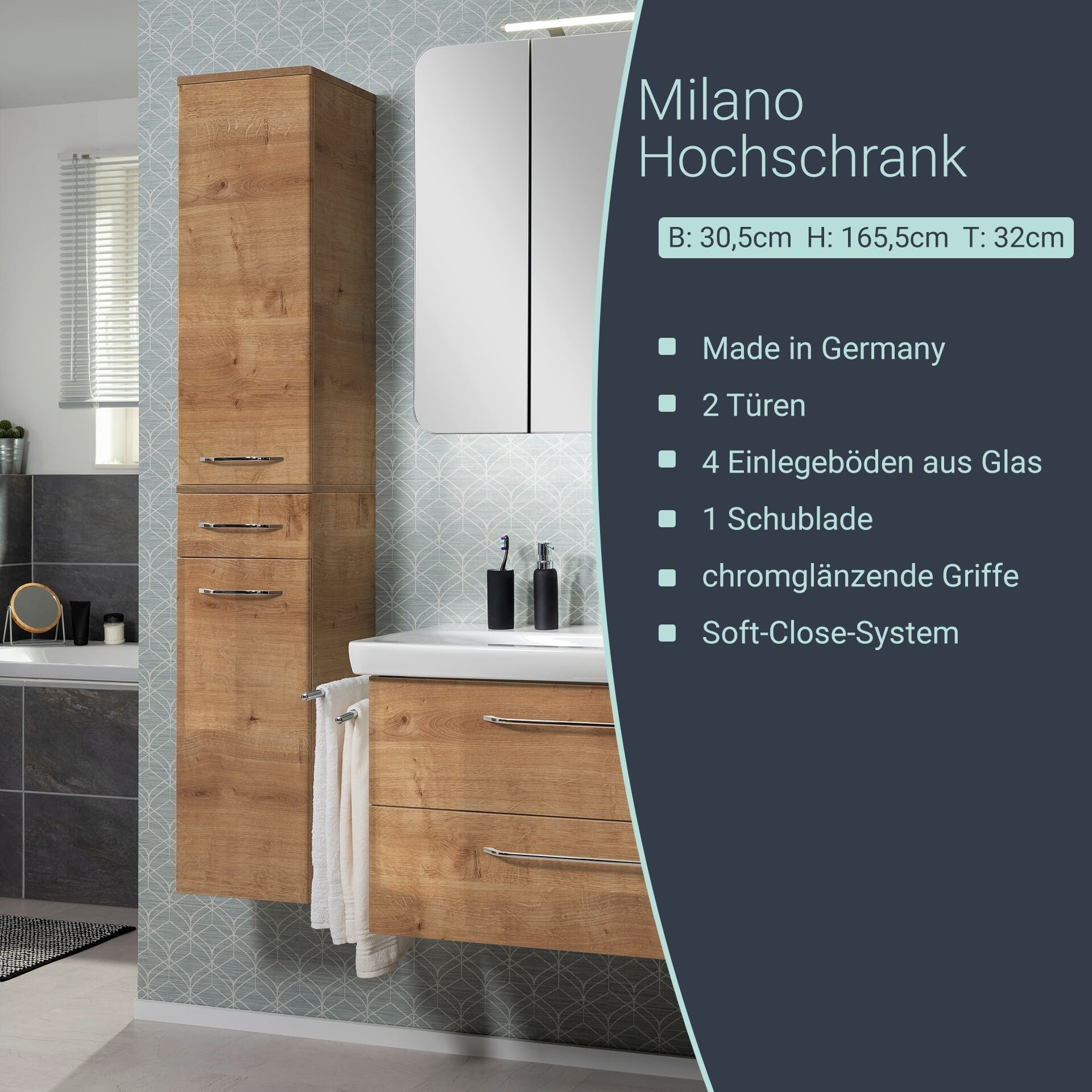 FACKELMANN MILANO Hochschrank 30 cm breit und Doppel Midischrank 60 cm breit, Braun hell