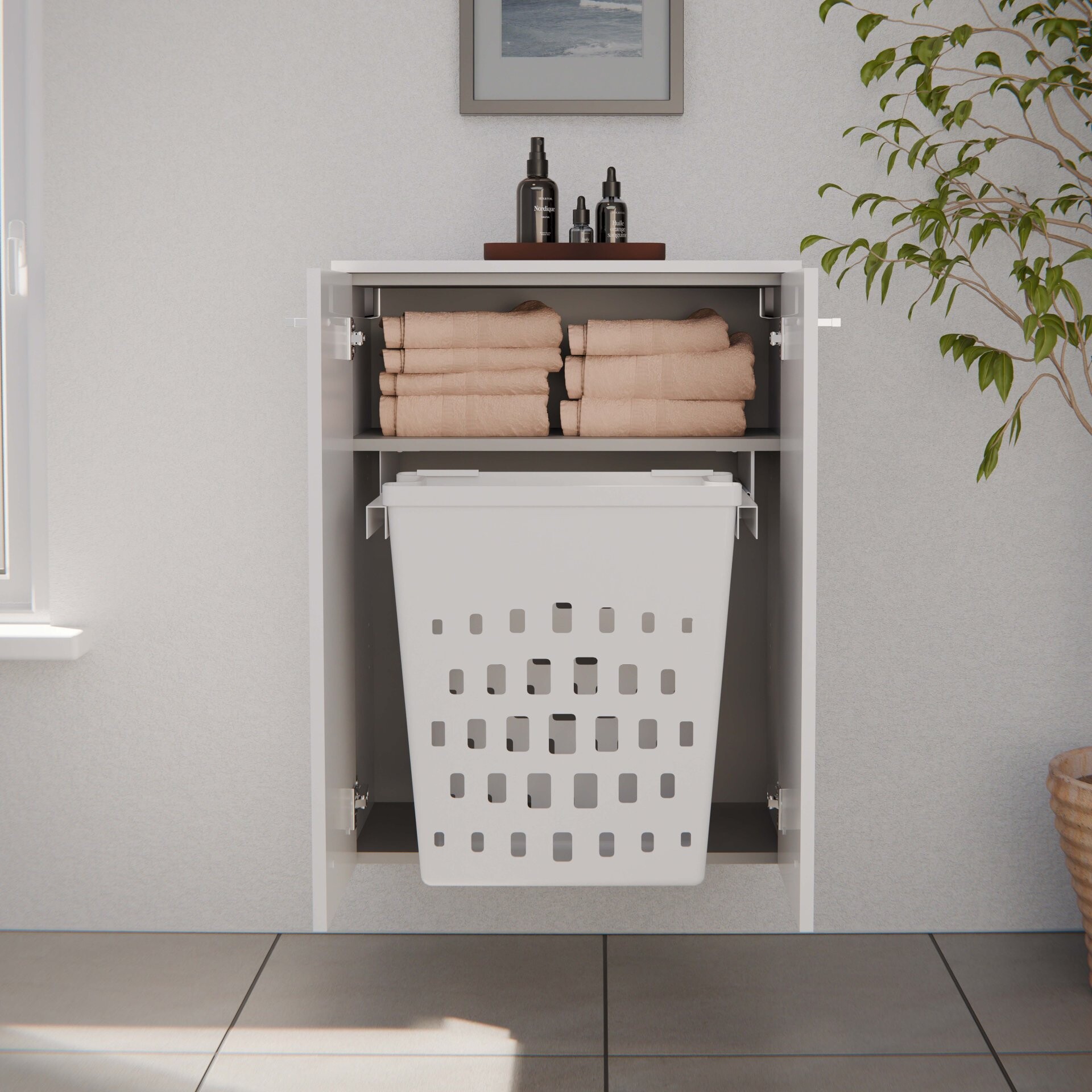 FACKELMANN VERONA Doppel Midischrank 60 cm, Weiß Hochglanz mit Wäschekorb