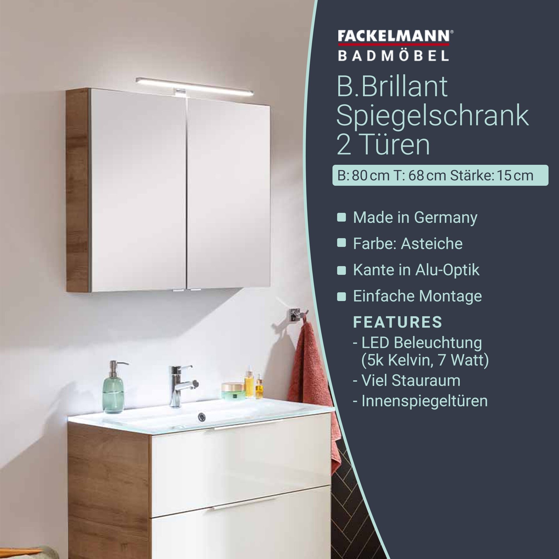 Fackelmann B.BRILLANT LED-Spiegelschrank, 80 cm breit, Braun hell