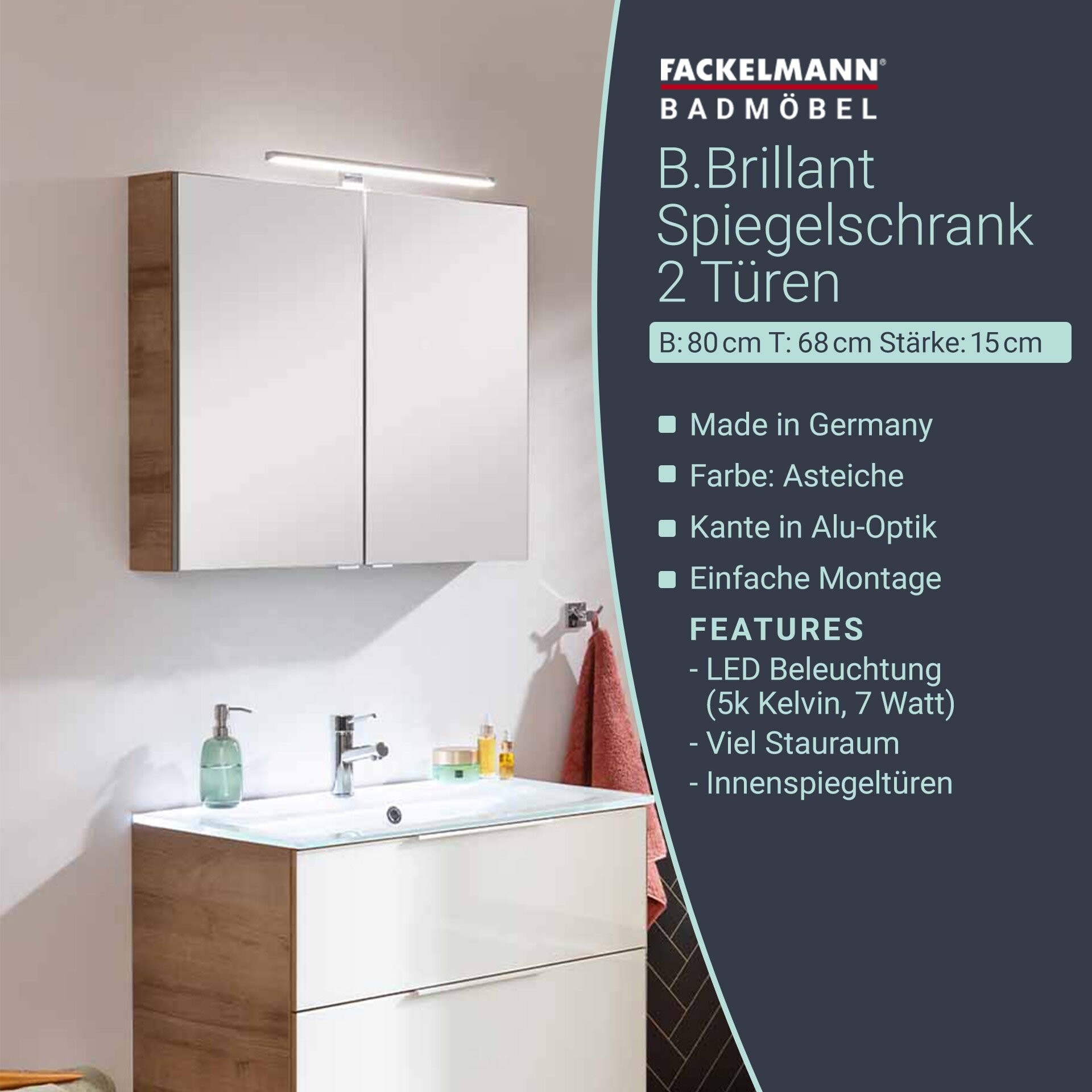 Fackelmann B.BRILLANT LED-Spiegelschrank, 80 cm breit, Braun hell Fackelmann B.BRILLANT LED-Spiegelschrank, 80 cm breit, Braun hell