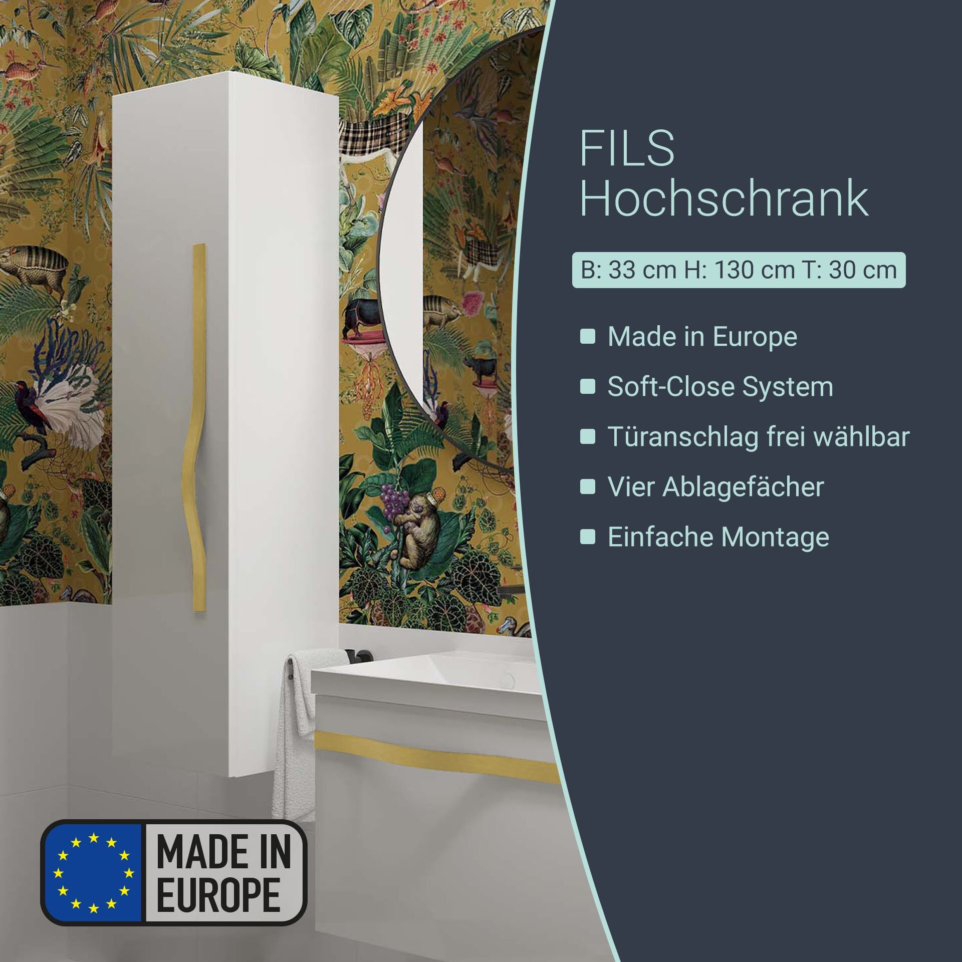 BADEDU FILS Hochschrank 33 cm breit, Weiß, Griff Gold