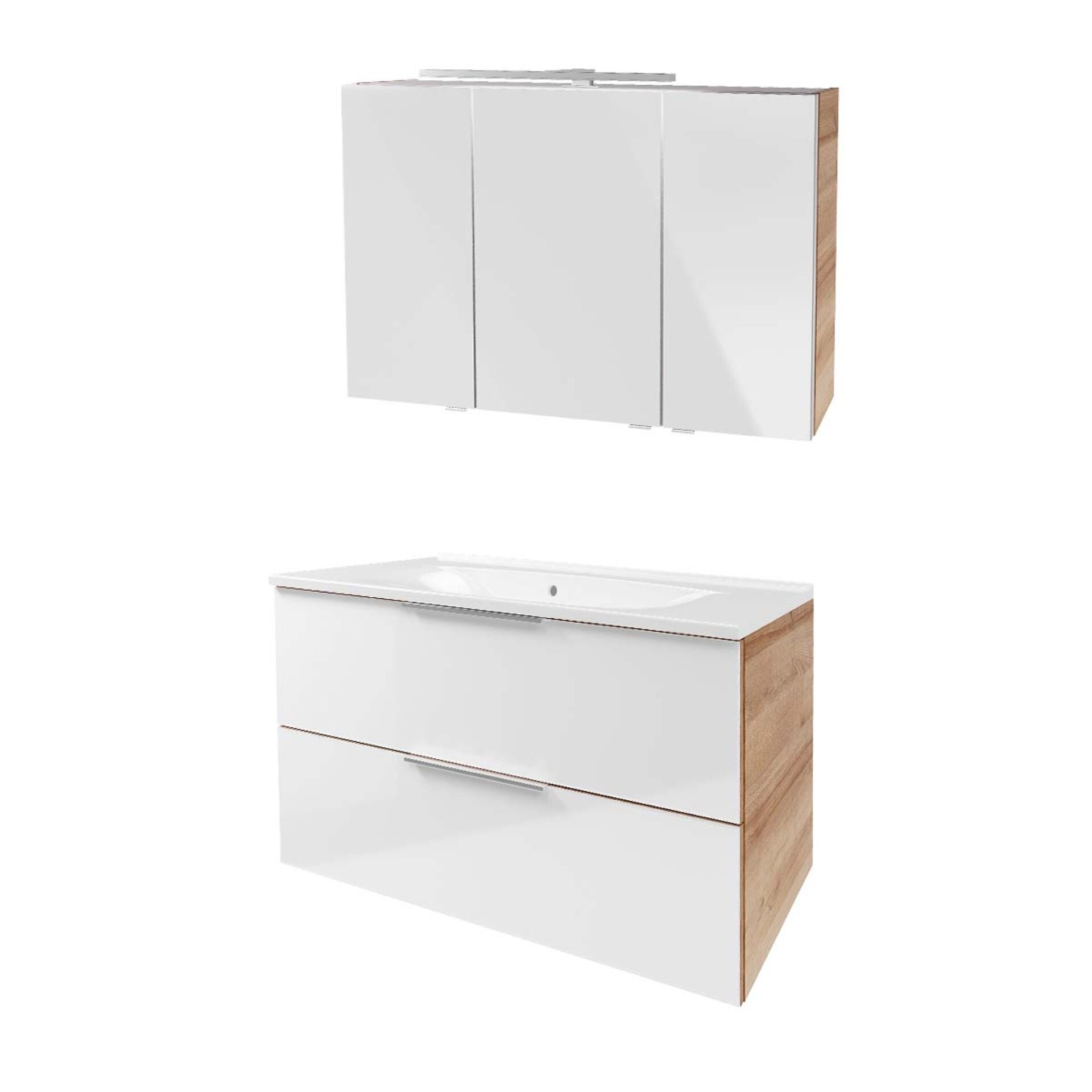 Fackelmann B. BRILLANT Badmöbel Set 3-teilig 100 cm, Weiß Glas/Braun hell, LED-Spiegelschrank Fackelmann B. BRILLANT Badmöbel Set 3-teilig 100 cm, Weiß Glas/Braun hell, LED-Spiegelschrank