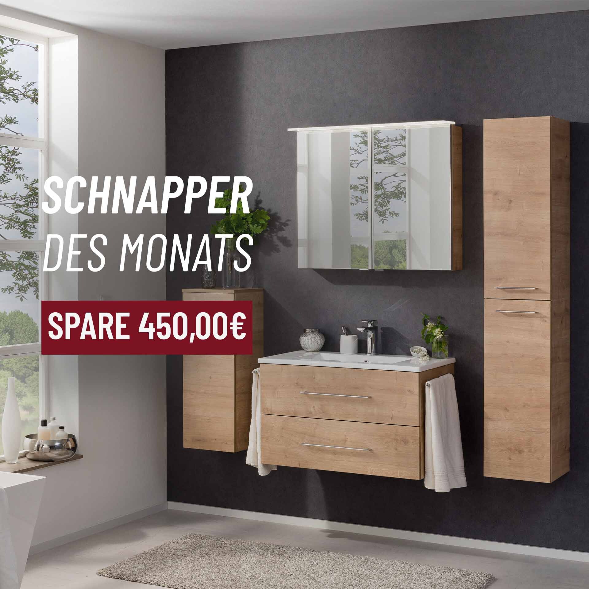 FACKELMANN B.PERFEKT Badmöbel Set 4-teilig 82 cm breit, Braun hell, Waschbecken Keramik Weiß + LED Spiegelschrank + Hochschrank