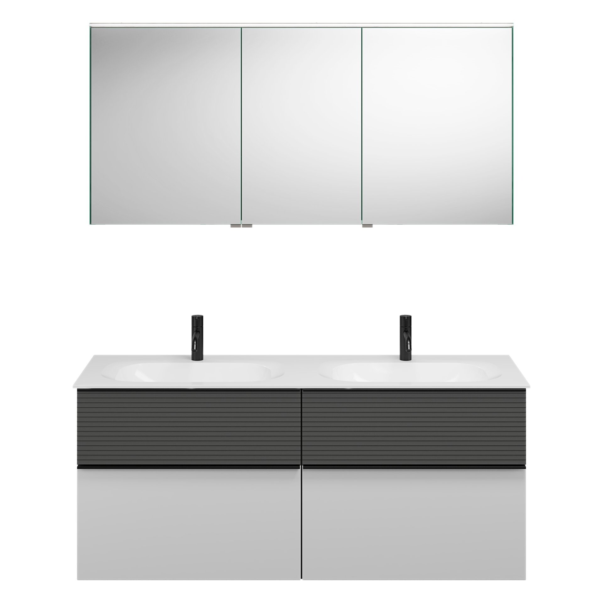 Burgbad FIUMO Waschtisch Set mit Spiegelschrank 142 cm breit, Anthrazit/Weiß, Doppelwaschbecken Gussmarmor Weiß, 4 Schubladen, Anschlag rechts Burgbad FIUMO Waschtisch Set mit Spiegelschrank 142 cm breit, Anthrazit/Weiß, Doppelwaschbecken Gussmarmor Weiß, 4 Schubladen, Anschlag rechts