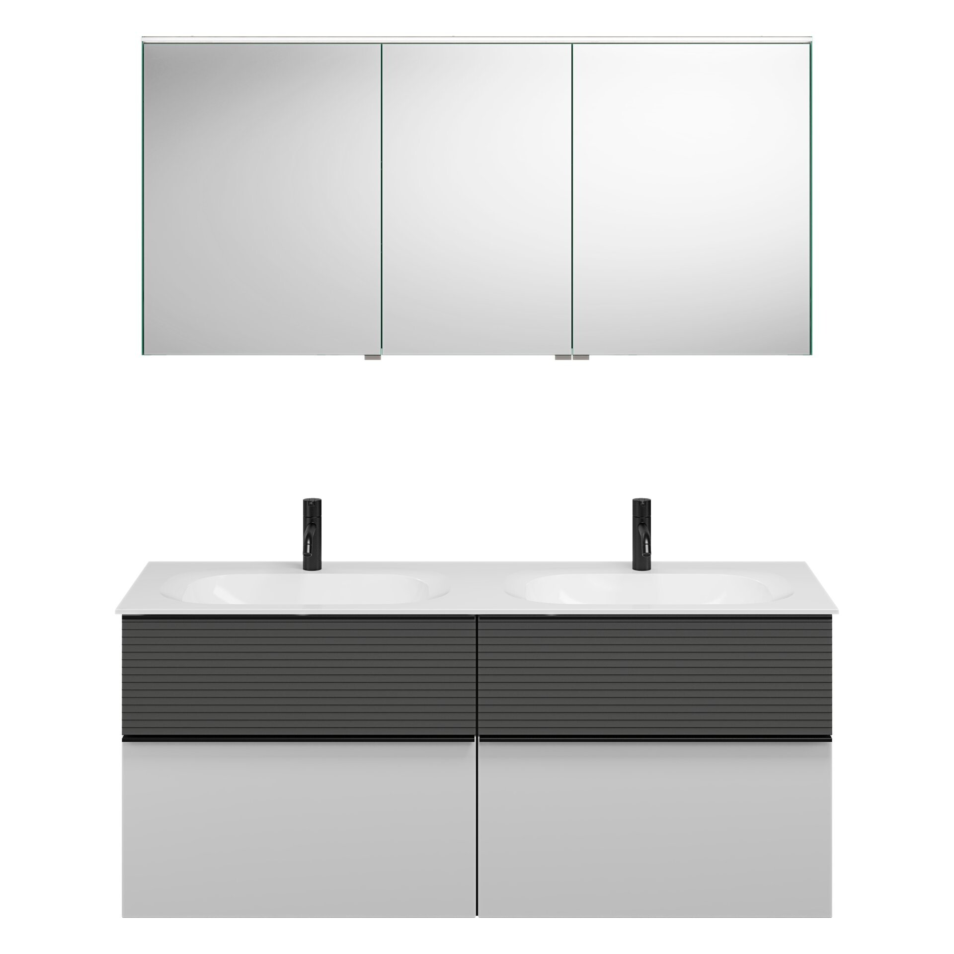 Burgbad FIUMO Waschtisch Set mit Spiegelschrank 142 cm breit, Anthrazit/Weiß, Doppelwaschbecken Gussmarmor Weiß, 4 Schubladen, Anschlag links Burgbad FIUMO Waschtisch Set mit Spiegelschrank 142 cm breit, Anthrazit/Weiß, Doppelwaschbecken Gussmarmor Weiß, 4 Schubladen, Anschlag links