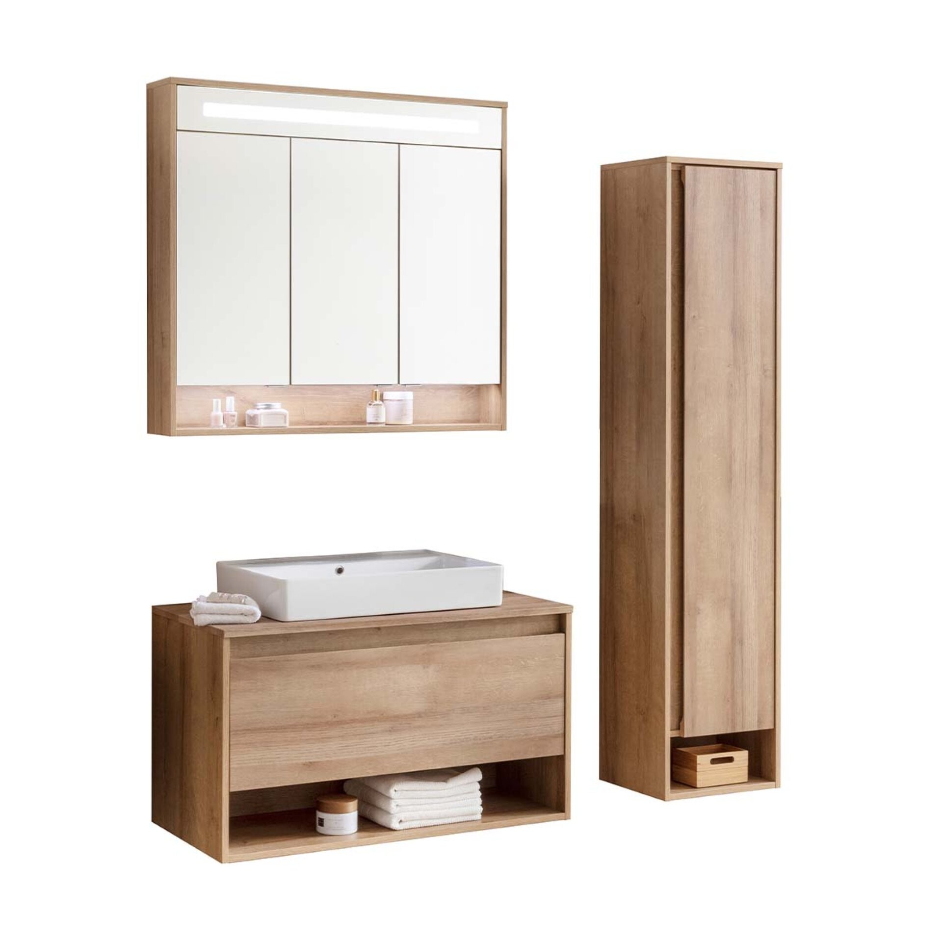 Fackelmann NATURA Badmöbelset 4-teilig, 94 cm, Braun hell + Spiegelschrank + Hochschrank rechts Fackelmann NATURA Badmöbelset 4-teilig, 94 cm, Braun hell + Spiegelschrank + Hochschrank rechts
