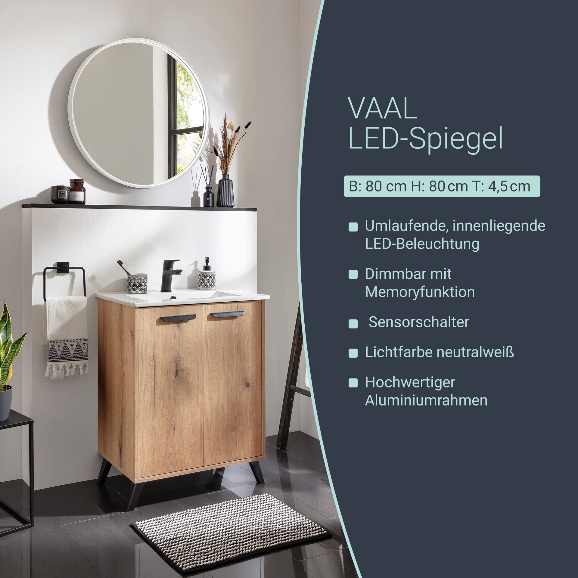 BADEDU VAAL LED Spiegel Ø 80 cm, rund, Weiß, Sensor BADEDU VAAL LED Spiegel Ø 80 cm, rund, Weiß, Sensor