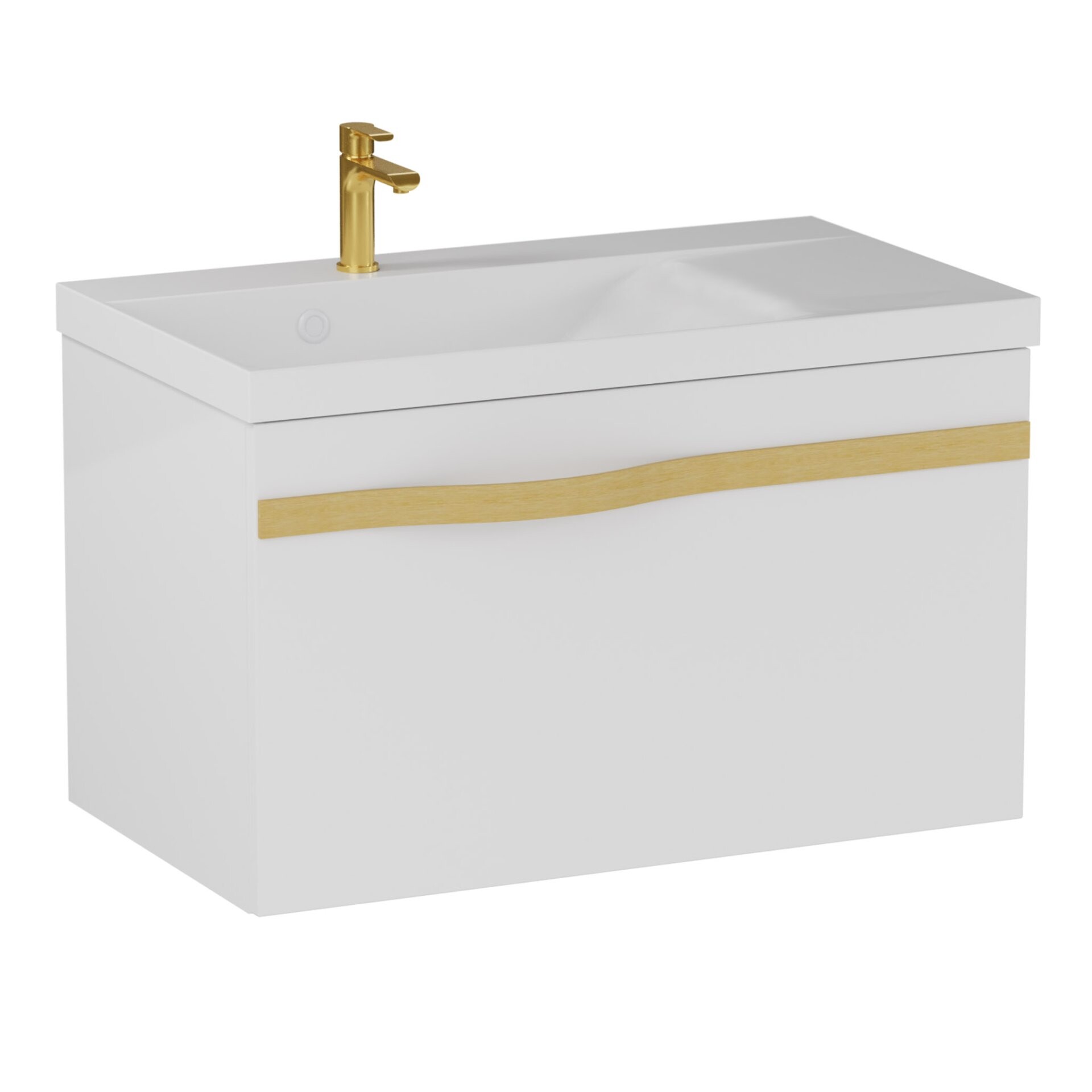 BADEDU FILS Waschbecken mit Unterschrank 69 cm breit, Weiß, Waschbecken Gussmarmor Weiß, Griff Gold