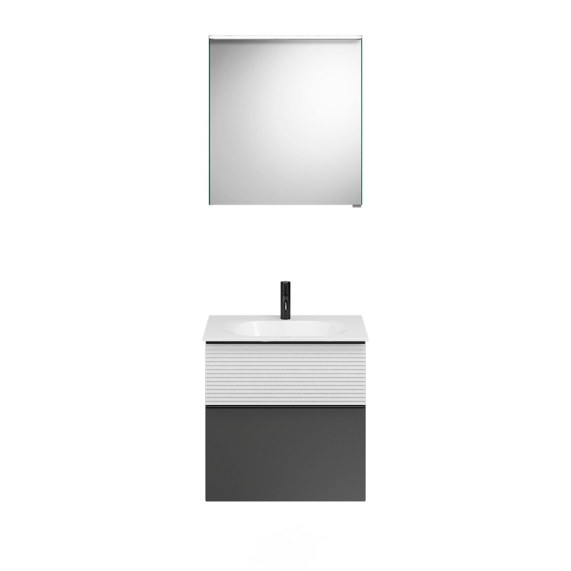 Burgbad FIUMO Waschtisch Set mit Spiegelschrank 62 cm breit, Weiß/Anthrazit, Waschbecken Gussmarmor Weiß, Anschlag links Burgbad FIUMO Waschtisch Set mit Spiegelschrank 62 cm breit, Weiß/Anthrazit, Waschbecken Gussmarmor Weiß, Anschlag links