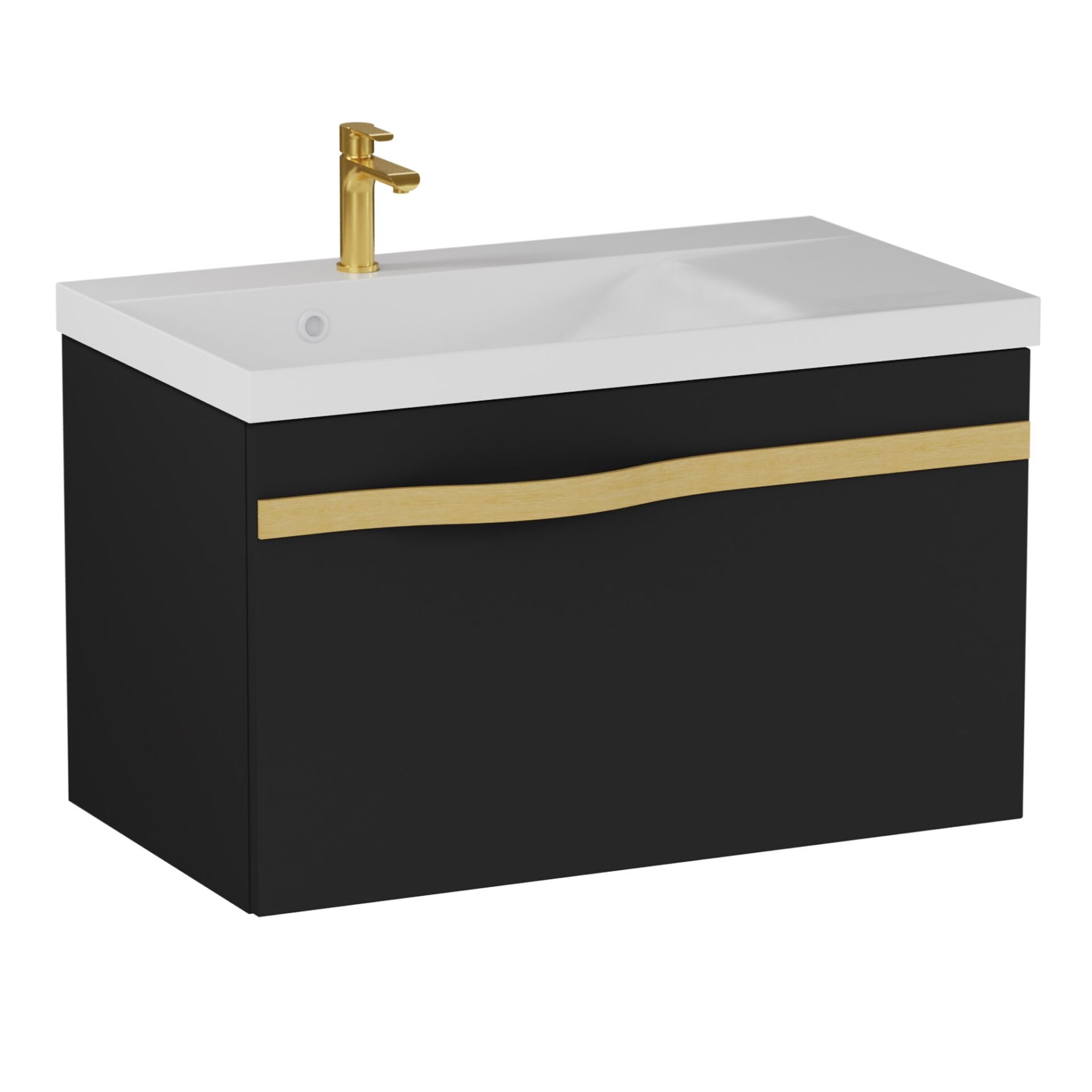 BADEDU FILS Waschbecken mit Unterschrank 69 cm breit, Schwarz, Waschbecken Gussmarmor Weiß, Griff Gold