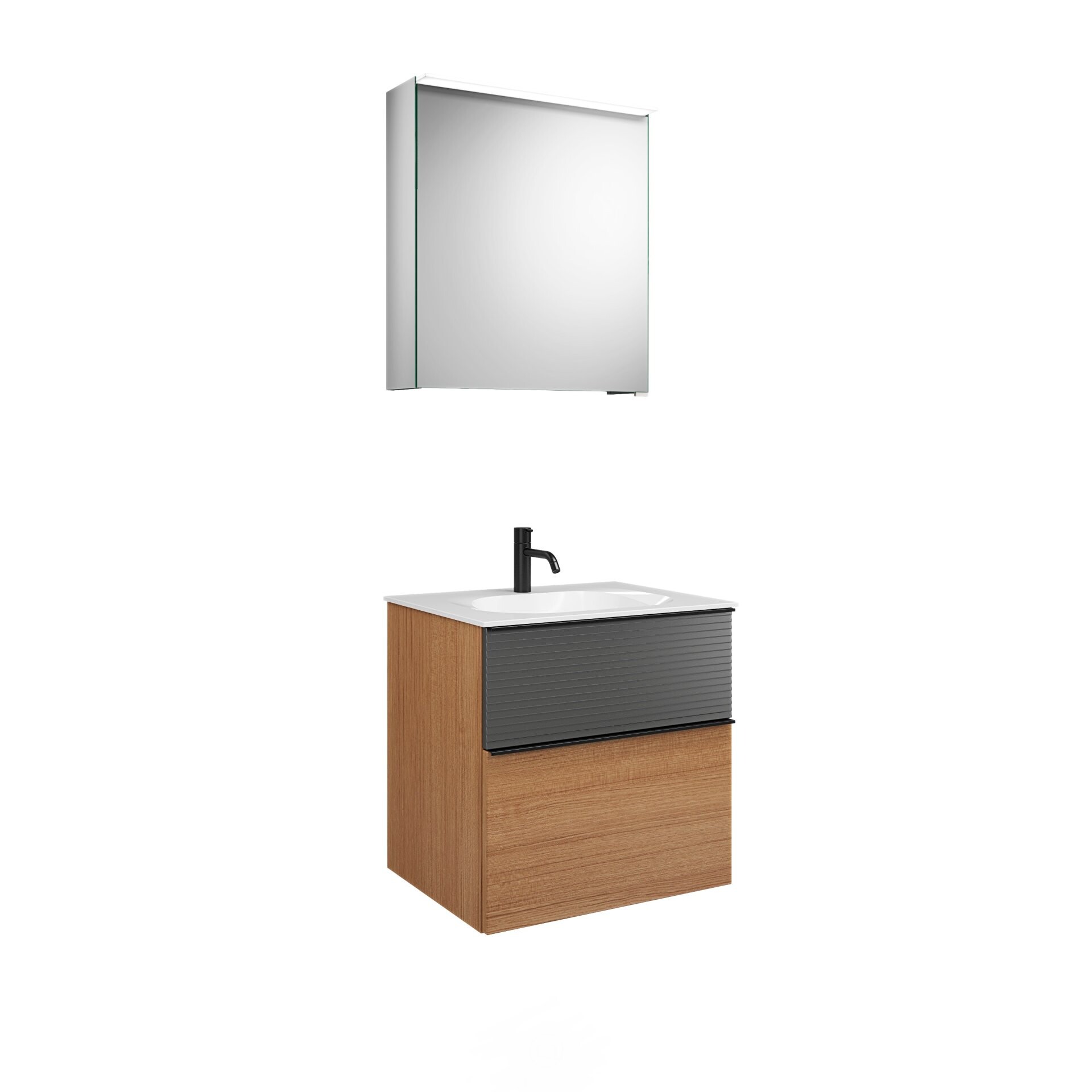 Burgbad FIUMO Waschtisch Set mit Spiegelschrank 62 cm breit, Anthrazit/Braun, Waschbecken Gussmarmor Weiß, Anschlag links Burgbad FIUMO Waschtisch Set mit Spiegelschrank 62 cm breit, Anthrazit/Braun, Waschbecken Gussmarmor Weiß, Anschlag links