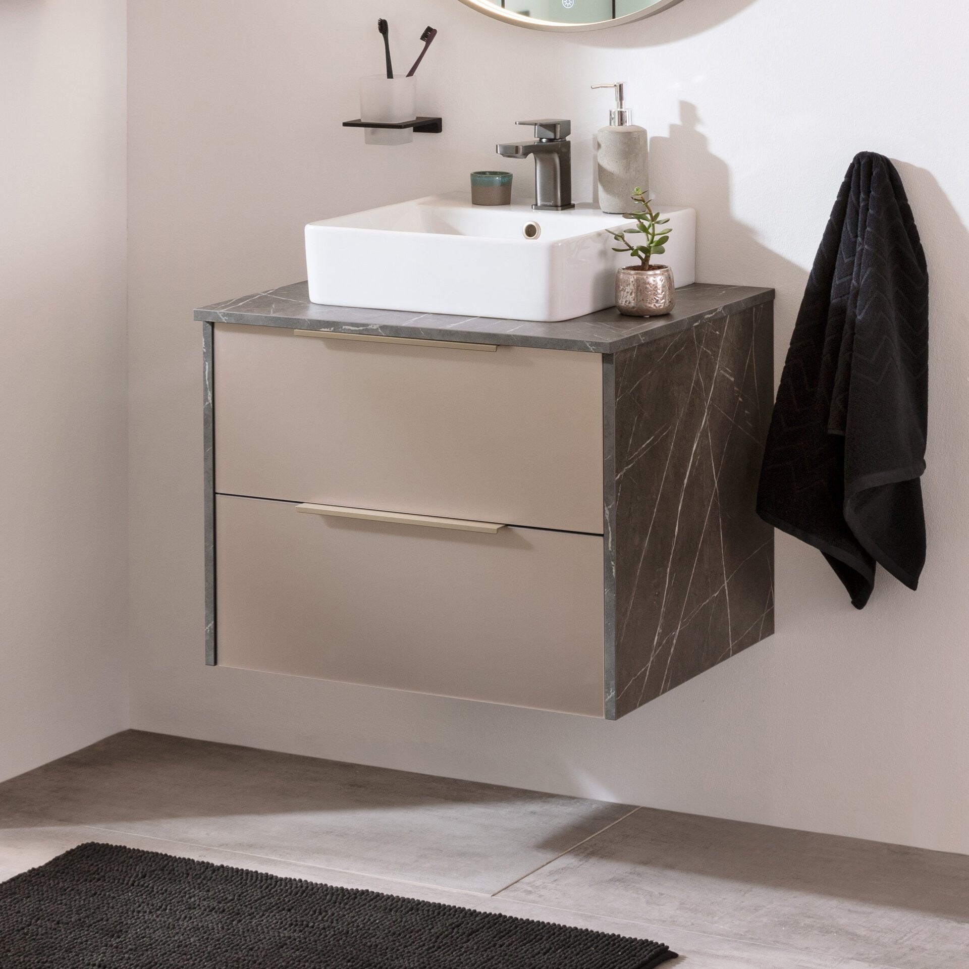 LANZET VIDRO Waschbecken mit Unterschrank 60 cm breit, Braun/Marmor Grau, Waschbecken Keramik Weiß