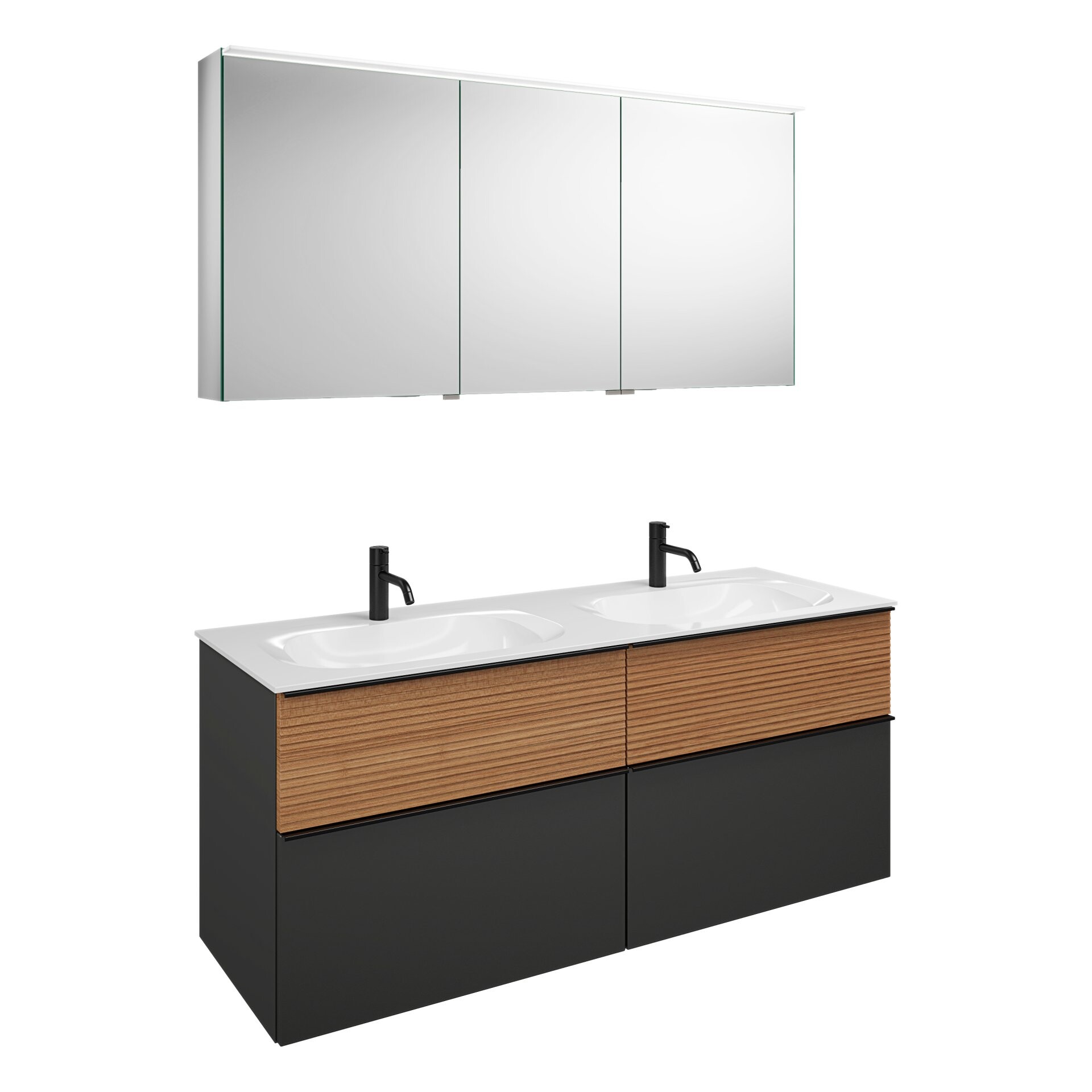 Burgbad FIUMO Waschtisch Set mit Spiegelschrank 142 cm breit, Braun/Anthrazit, Doppelwaschbecken Gussmarmor Weiß, 4 Schubladen, Anschlag links Burgbad FIUMO Waschtisch Set mit Spiegelschrank 142 cm breit, Braun/Anthrazit, Doppelwaschbecken Gussmarmor Weiß, 4 Schubladen, Anschlag links