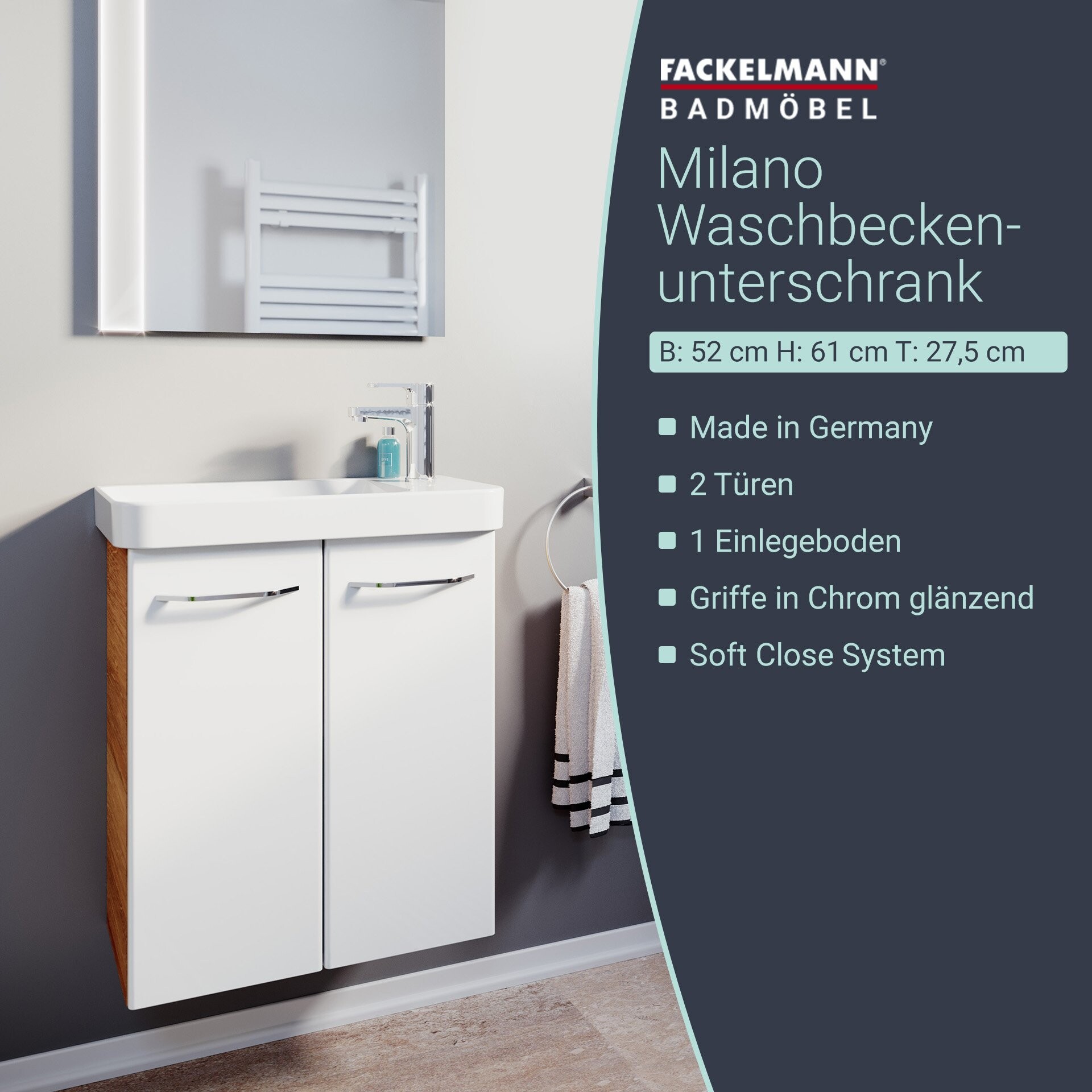 Fackelmann MILANO Waschbeckenunterschrank 52 cm, Braun hell/Weiß