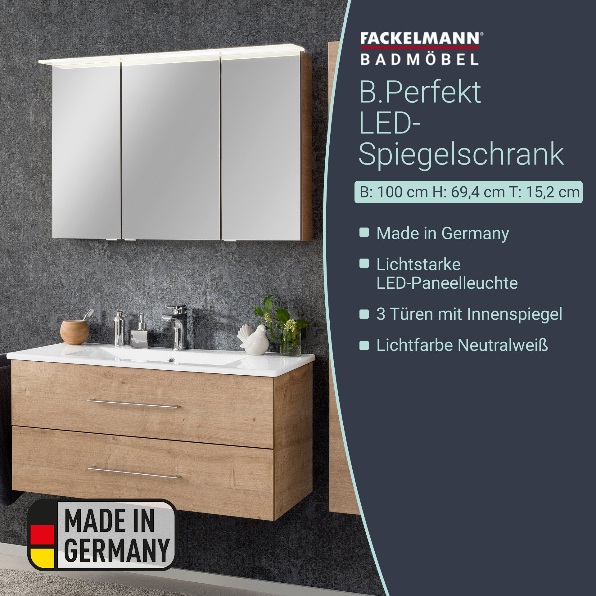 Fackelmann B.PERFEKT LED Spiegelschrank 100 cm breit, Braun hell Fackelmann B.PERFEKT LED Spiegelschrank 100 cm breit, Braun hell