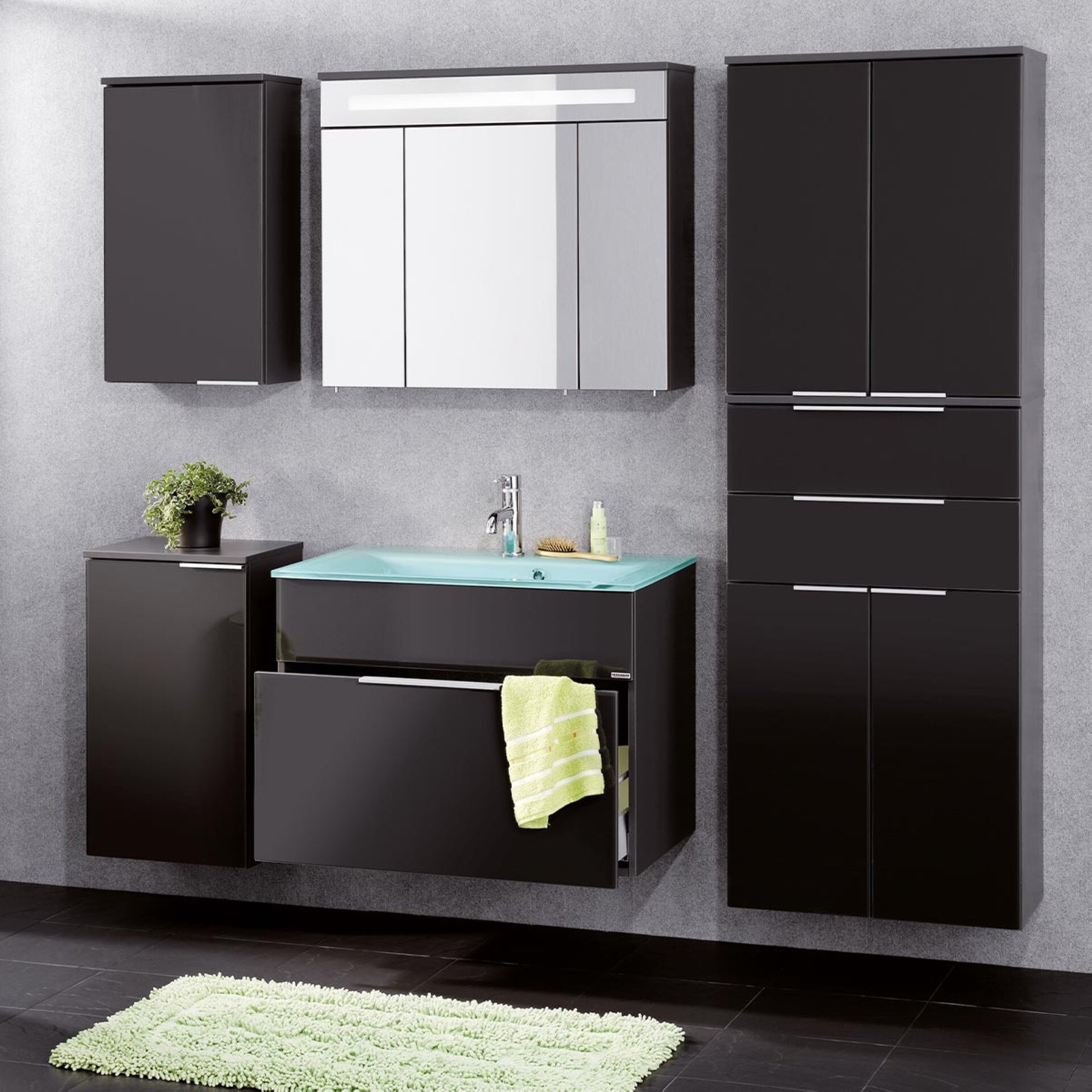 Fackelmann KARA Badmöbel Set 2-teilig 80cm, Anthrazit, Glas Mint, 1 Schublade