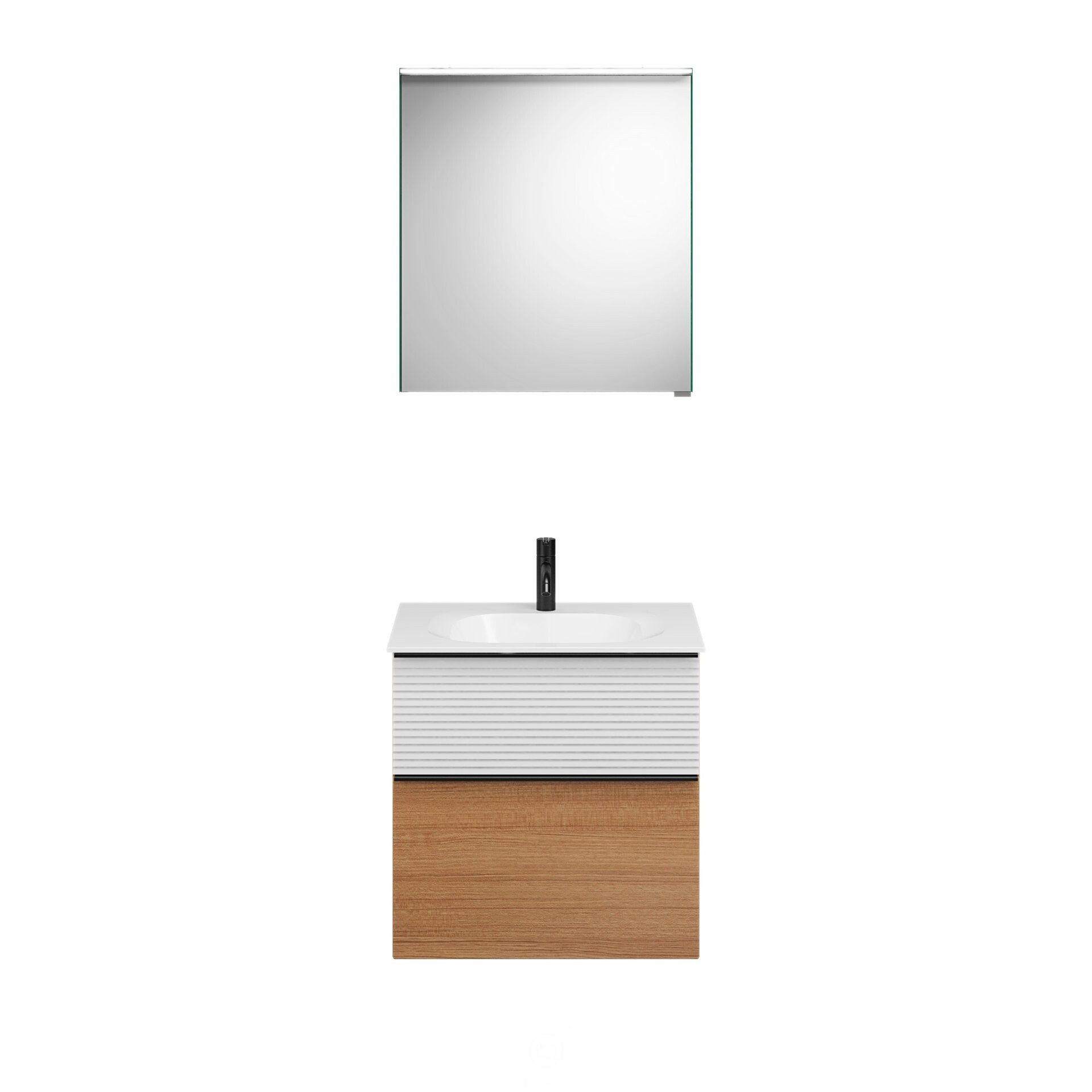 Burgbad FIUMO Waschtisch Set mit Spiegelschrank 62 cm breit, Weiß/Braun, Waschbecken Gussmarmor Weiß, Anschlag links Burgbad FIUMO Waschtisch Set mit Spiegelschrank 62 cm breit, Weiß/Braun, Waschbecken Gussmarmor Weiß, Anschlag links