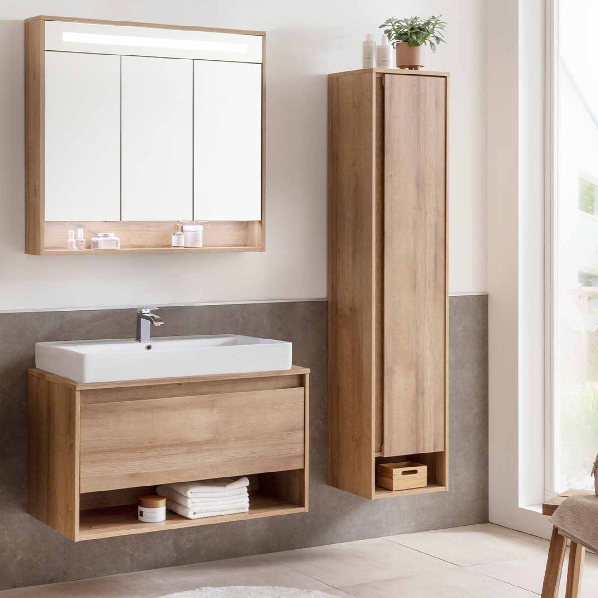 Fackelmann NATURA Badmöbelset 4-teilig, 94 cm, Braun hell + Spiegelschrank + Hochschrank rechts Fackelmann NATURA Badmöbelset 4-teilig, 94 cm, Braun hell + Spiegelschrank + Hochschrank rechts