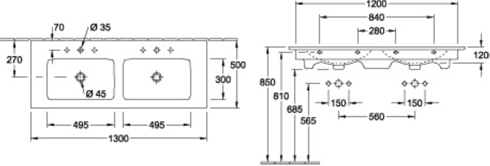 VILLEROY & BOCH VENTICELLO Doppelwaschbecken Keramik 130 cm breit, Weiß, mit Überlauf VILLEROY & BOCH VENTICELLO Doppelwaschbecken Keramik 130 cm breit, Weiß, mit Überlauf