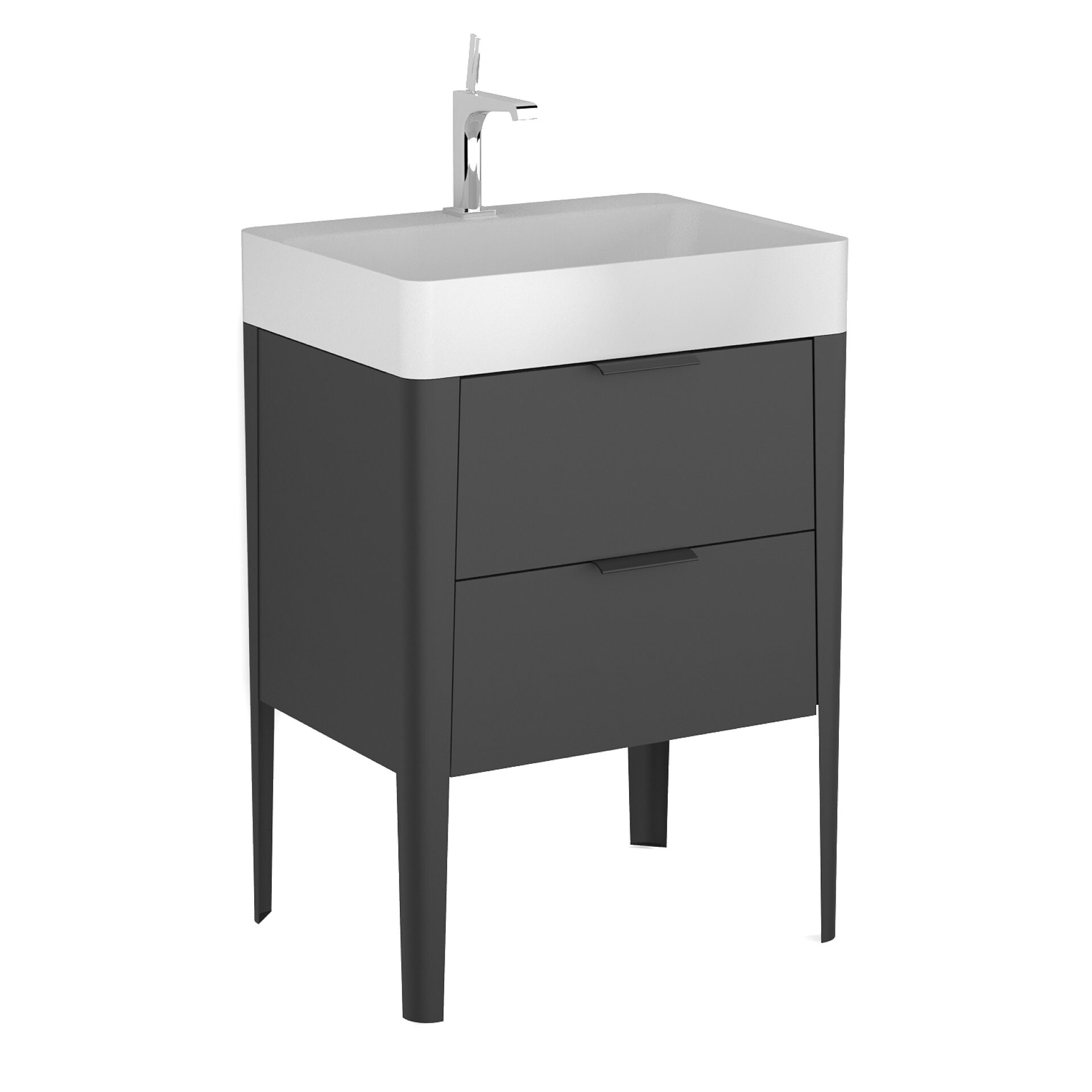 BADEDU SORA Waschbecken mit Unterschrank 60 cm breit, Schwarz matt, Waschbecken Quarzkomposit Weiß, aus Aluminium, mit Füßen