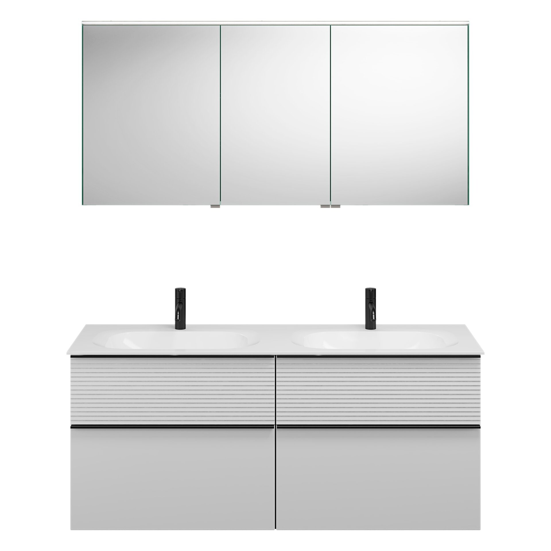 Burgbad FIUMO Waschtisch Set mit Spiegelschrank 142 cm breit, Weiß, Doppelwaschbecken Gussmarmor Weiß , 4 Schubladen, Anschlag links Burgbad FIUMO Waschtisch Set mit Spiegelschrank 142 cm breit, Weiß, Doppelwaschbecken Gussmarmor Weiß , 4 Schubladen, Anschlag links