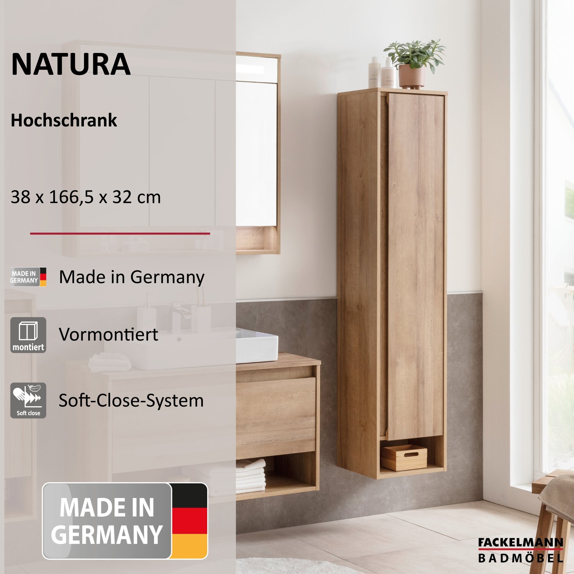 Fackelmann NATURA Hochschrank rechts, 38 cm breit, Braun hell
