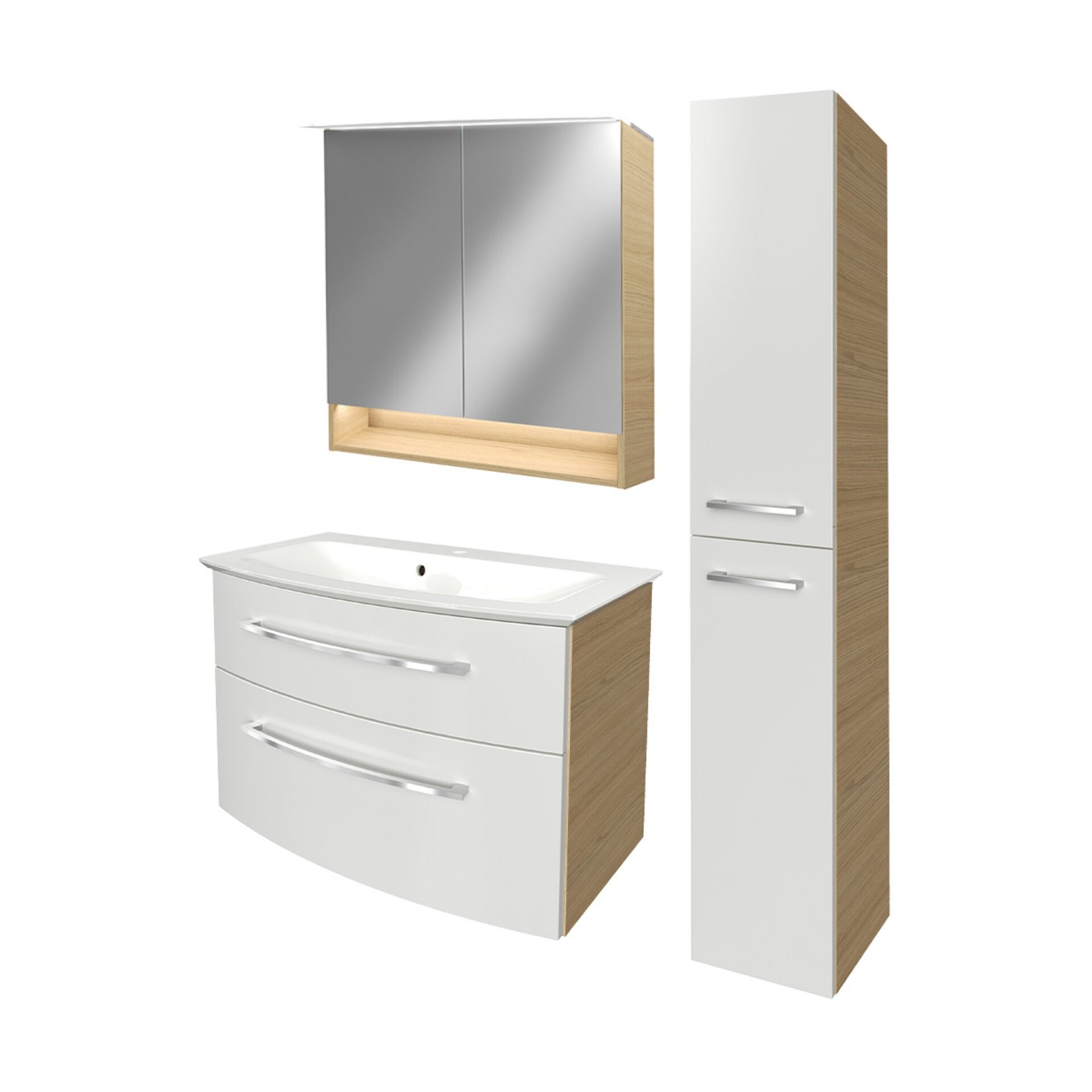 Fackelmann B.STYLE Badmöbel Set 4-teilig, 83 cm, Weiß/Braun + LED-Spiegelschrank + Hochschrank rechts Fackelmann B.STYLE Badmöbel Set 4-teilig, 83 cm, Weiß/Braun + LED-Spiegelschrank + Hochschrank rechts