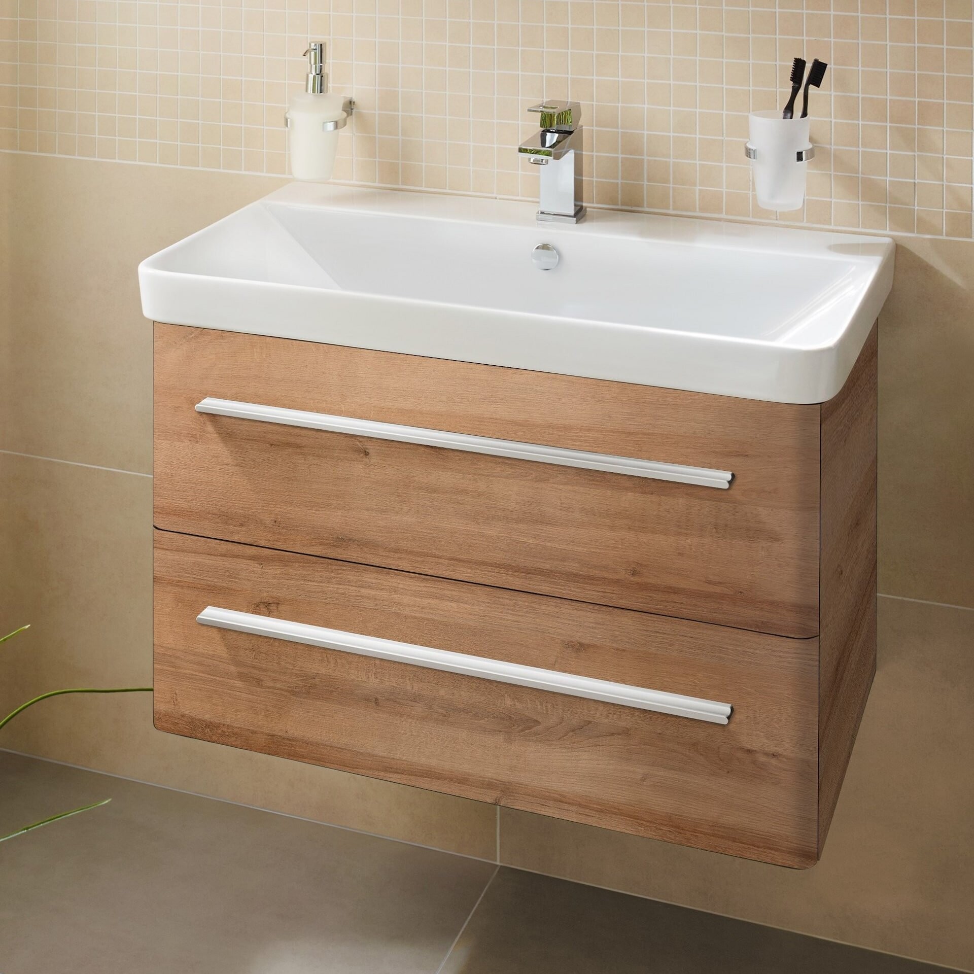 Lanzet K8 Badmöbel Set 2-teilig, 80cm, Hellbraun, Keramikbecken Weiß Lanzet K8 Badmöbel Set 2-teilig, 80cm, Hellbraun, Keramikbecken Weiß