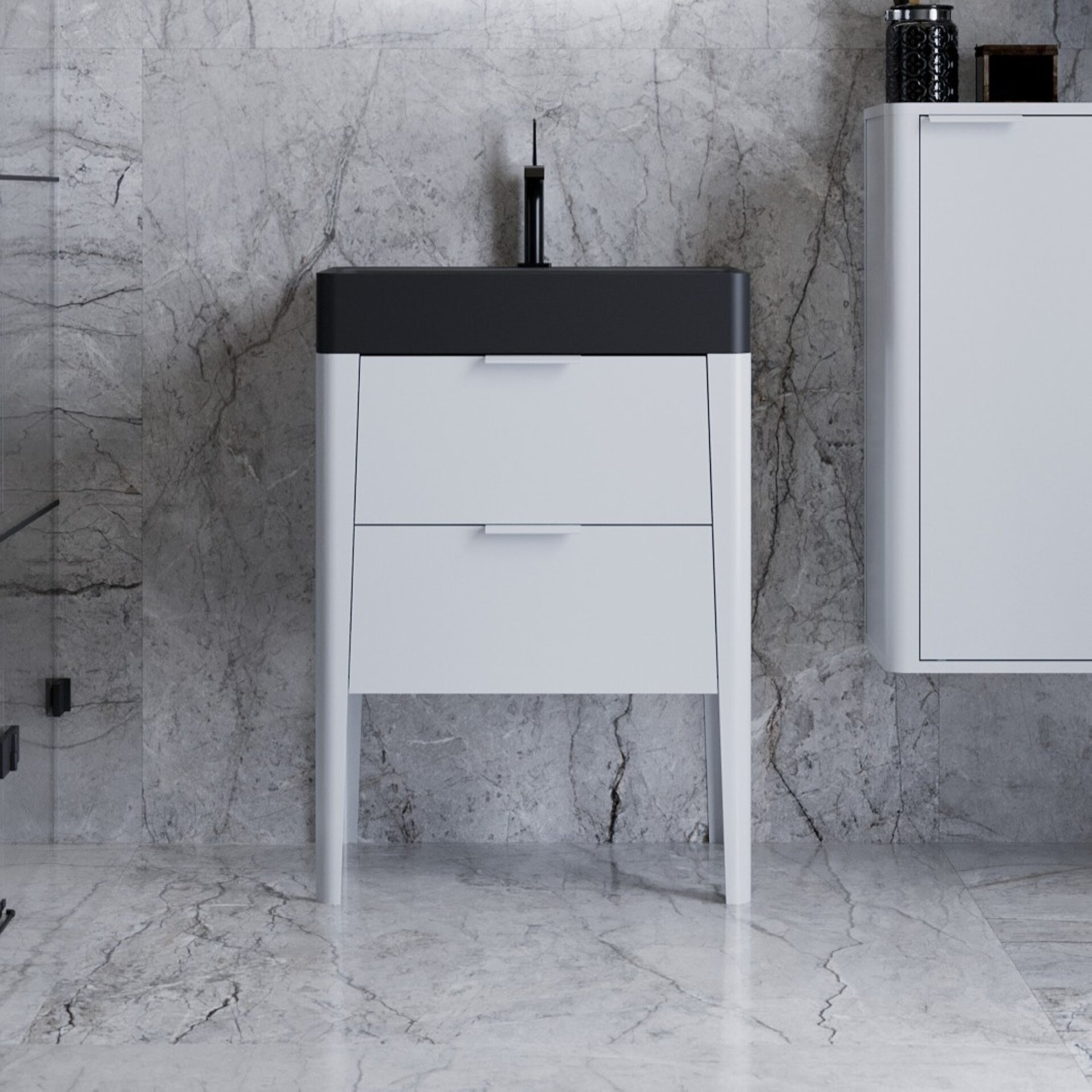BADEDU SORA Waschbecken mit Unterschrank 60 cm breit, Weiß matt, Waschbecken Quarzkomposit Schwarz, aus Aluminium, mit Füßen